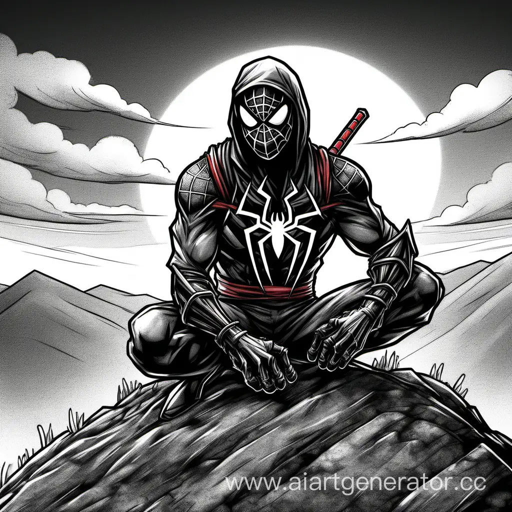 Draw a ninja Spider-Man in dark armor sitting on a hill