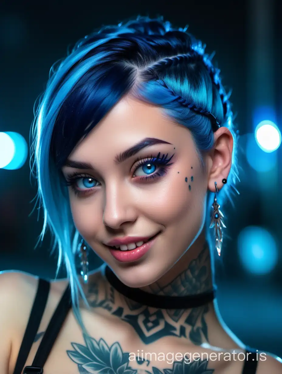 Crystal girl-winter, shiny makeup, eye liner, straight hair in a braid with a side bang, blue hair, piercing, earrings smile, expressive eyes, juicy plump lips coated with gloss, realistic, tattoo on the neck, professional photo, 4k, bright lighting, neon lighting, high resolution, high detail, aesthetic, triple exposure