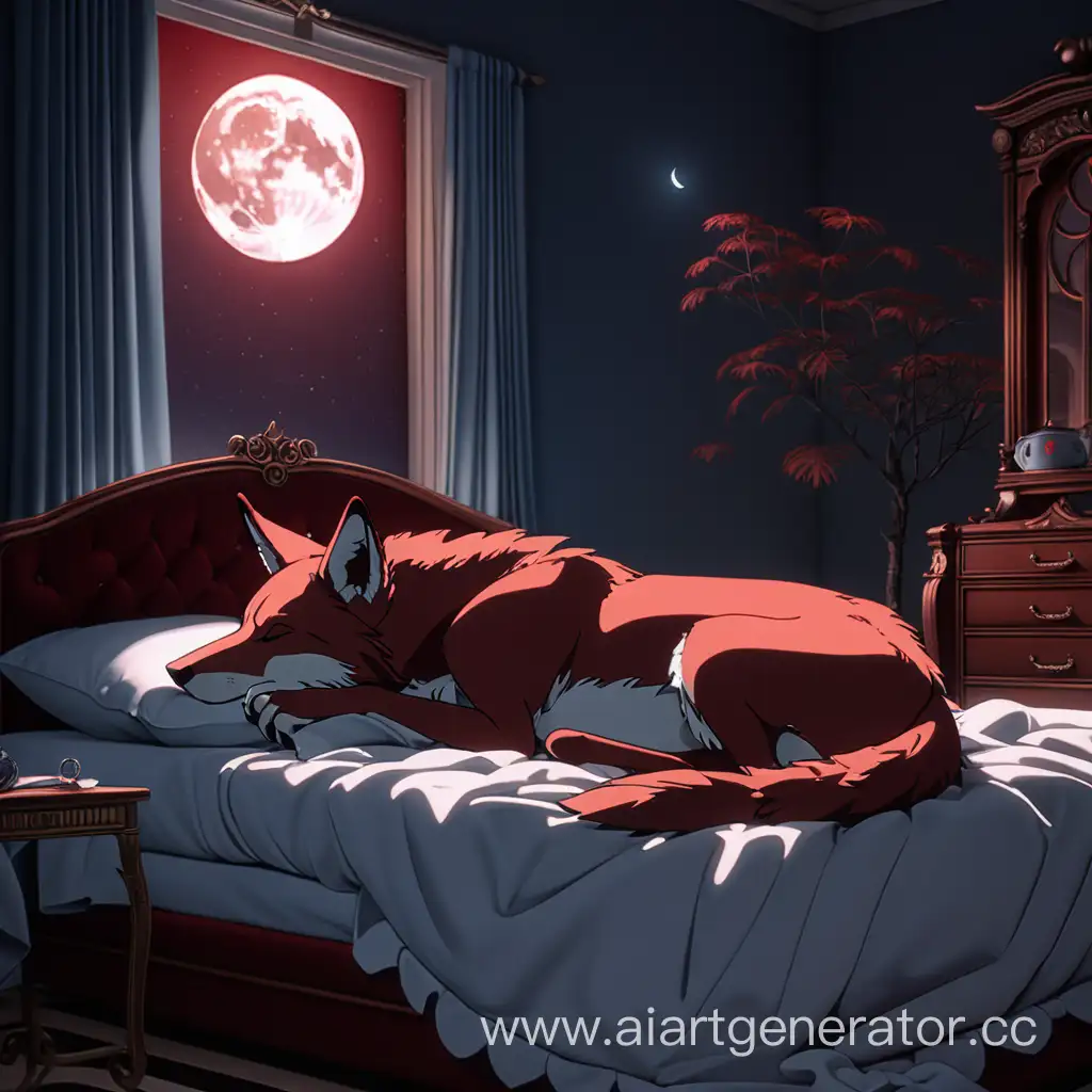 Очень худой рыжий волк, спит в кровати в квартире художника. Аниме, 2b, луна, эстетично, 4k.