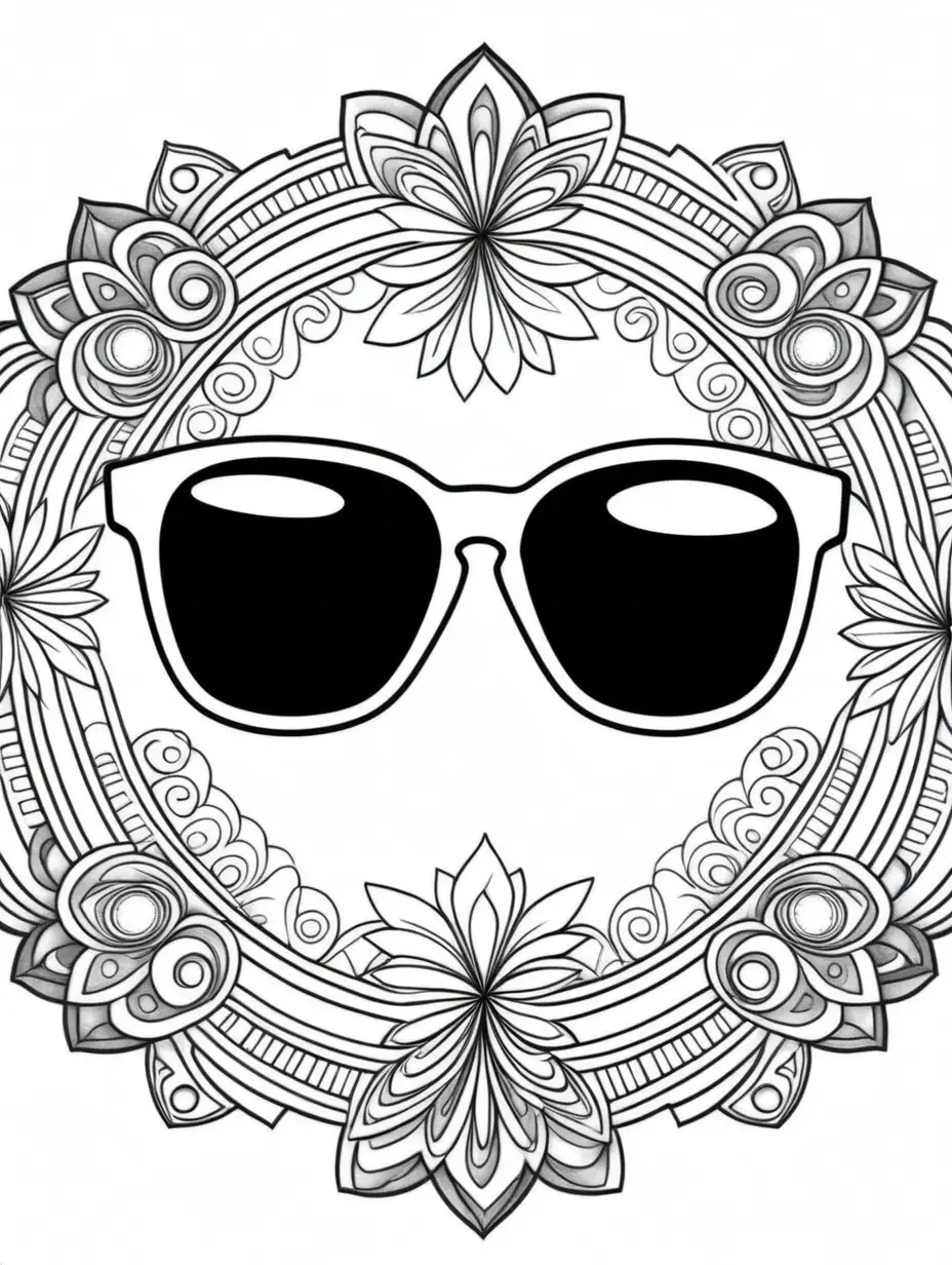 adult coloring book, cartoon drawing, clean black and white, single line, white background, mandala in the shape of 1980s rayban sunglasses