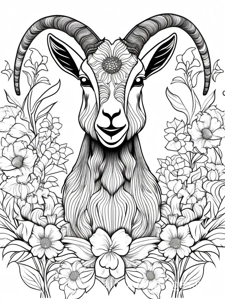 goat  in flowers for adults for coloring book for women, Coloring Page, black and white, line art, white background, Simplicity, Ample White Space. The background of the coloring page is plain white to make it easy for young children to color within the lines. The outlines of all the subjects are easy to distinguish, making it simple for kids to color without too much difficulty