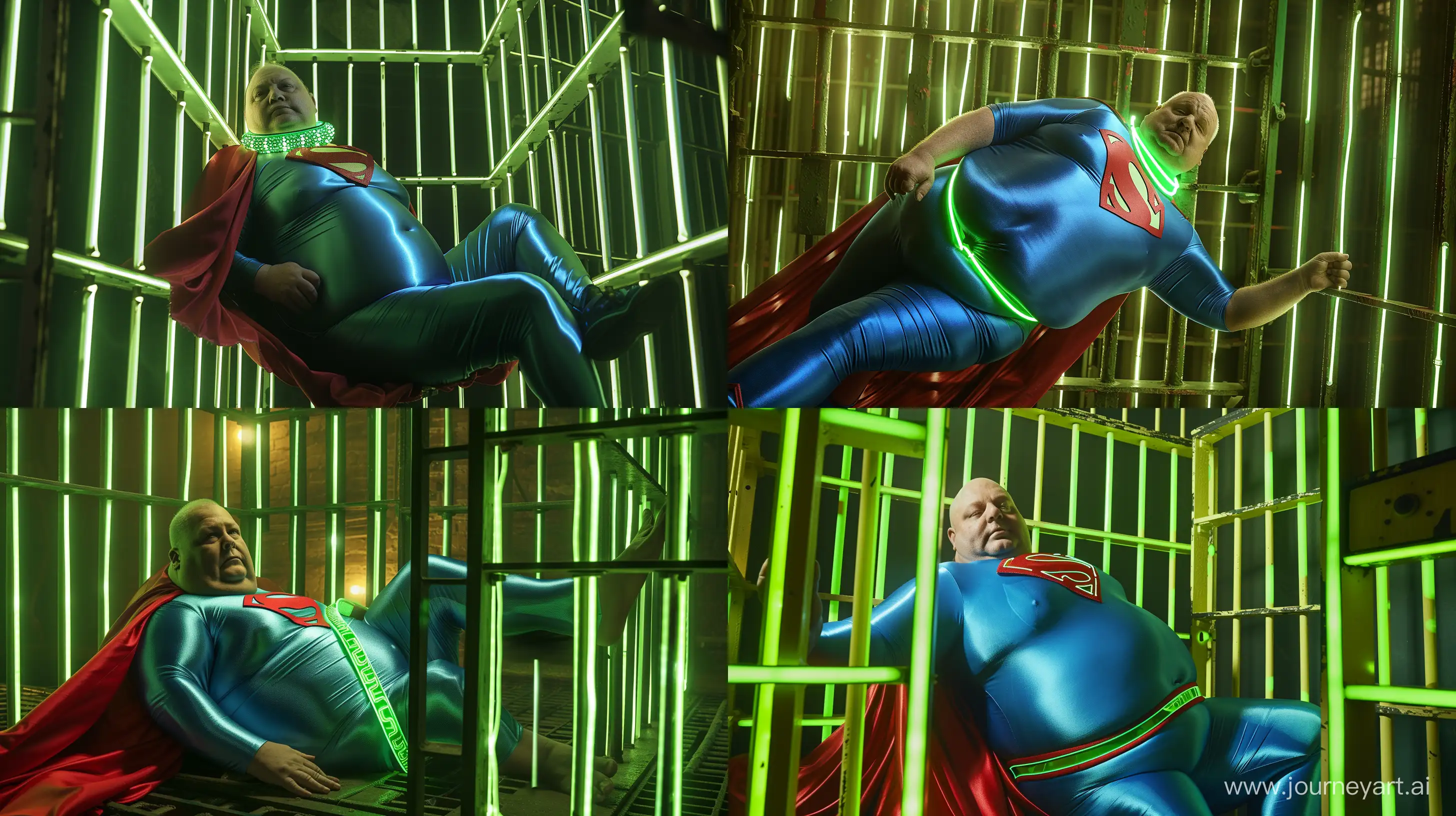 Photo of a fat man aged 60 wearing a silk blue superman tight costume with a large red cape and a tight green glowing neon dog collar. Lying on his back inside a prison made of green glowing green neon bars. Natural light. --style raw --ar 16:9