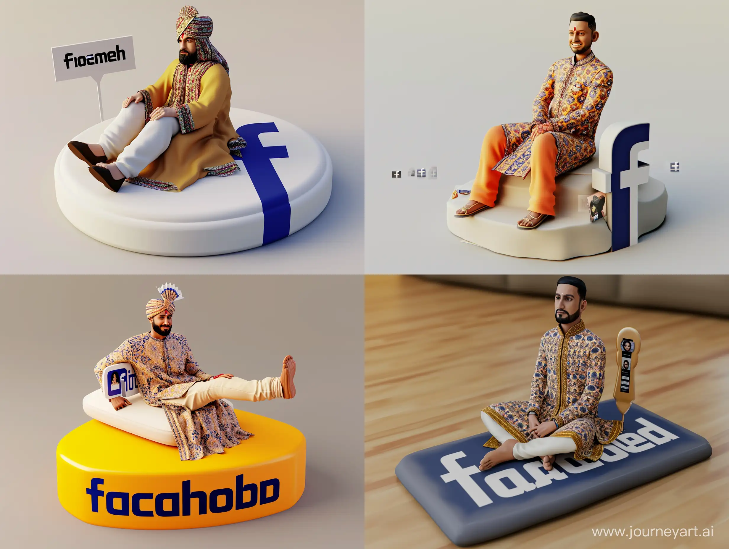 Generate an ultra-realistic 3D illustration featuring an Indian male character named Ahmed, sitting casually on top of a social media logo, 'Facebook.' Visualize Ahmed in a relaxed seated position, dressed in traditional Indian attire. Pay close attention to realistic details in the clothing, capturing the intricate patterns and textures. The background should simulate a social media profile page with the username 'Ahmed' and a profile picture that complements the character's traditional attire and cultural identity. Aim for an ultra-realistic portrayal that reflects Ahmed's heritage and exudes a positive and empowering vibe in this cultural context