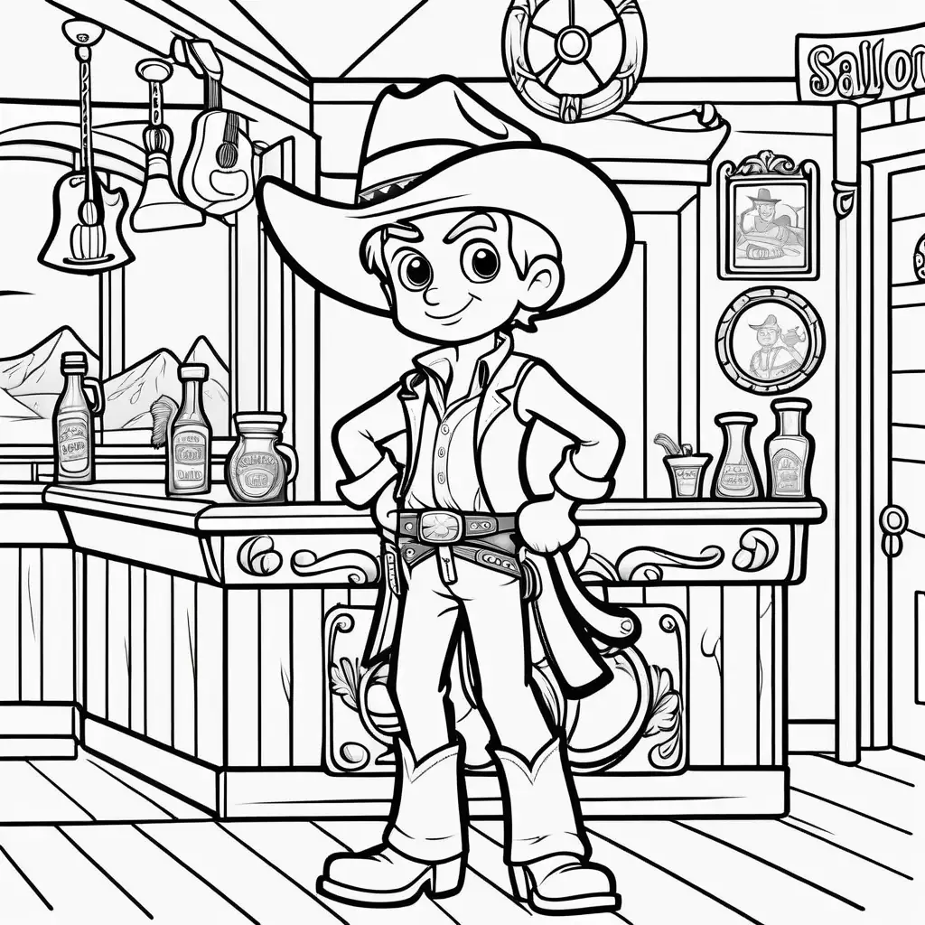 Coloring Page Cute Cartoon Cowboy in Saloon Scene