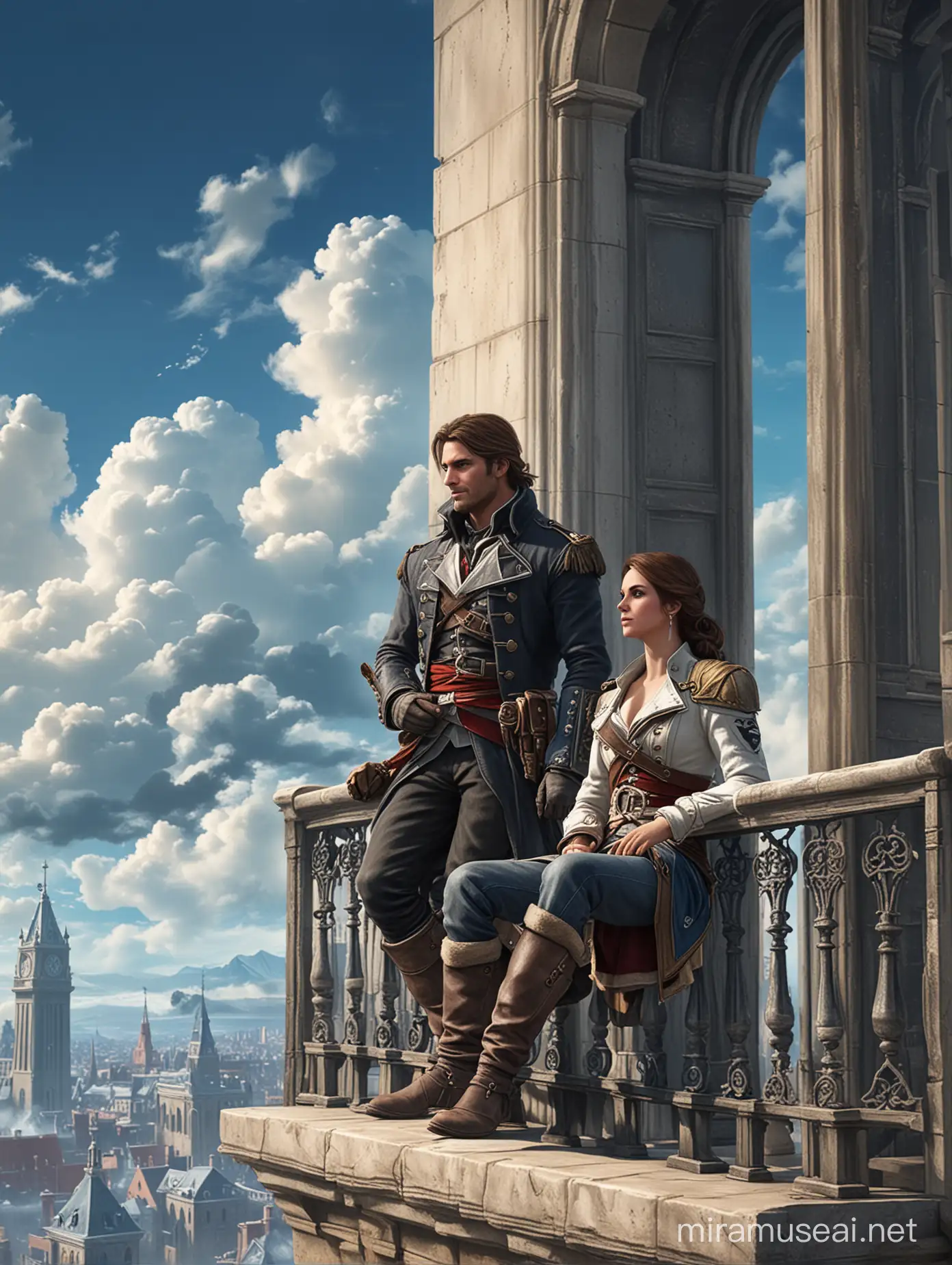 Shay patrick cormac from assassin's creed rogue sitting on a Balcony with lana Del rey year 1750 newyork clouds blue sky background 