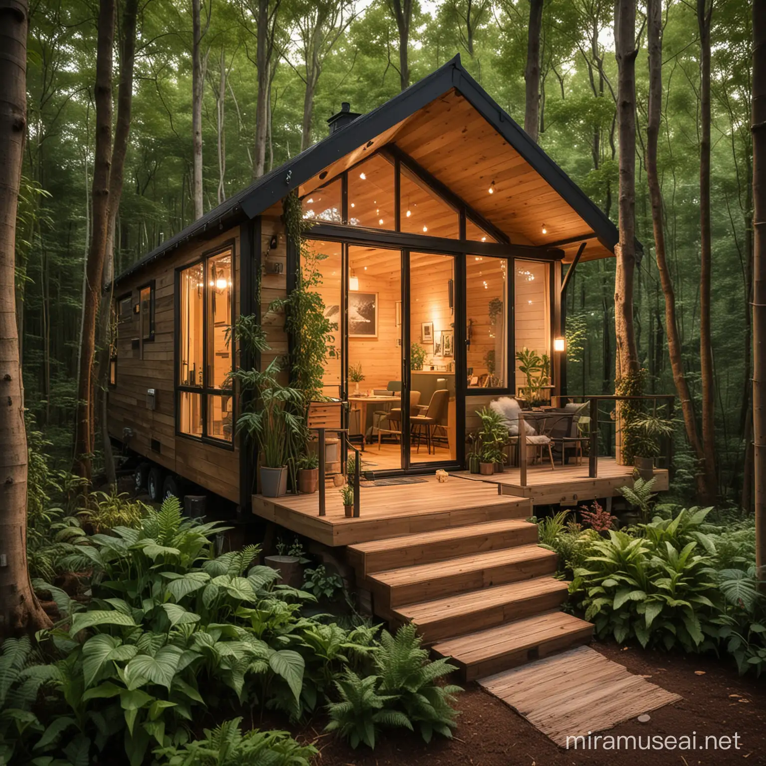 A cozy, eco-friendly tiny home nestled in a serene forest, adorned with lush green plants and warm lighting that illuminates its wooden exterior.