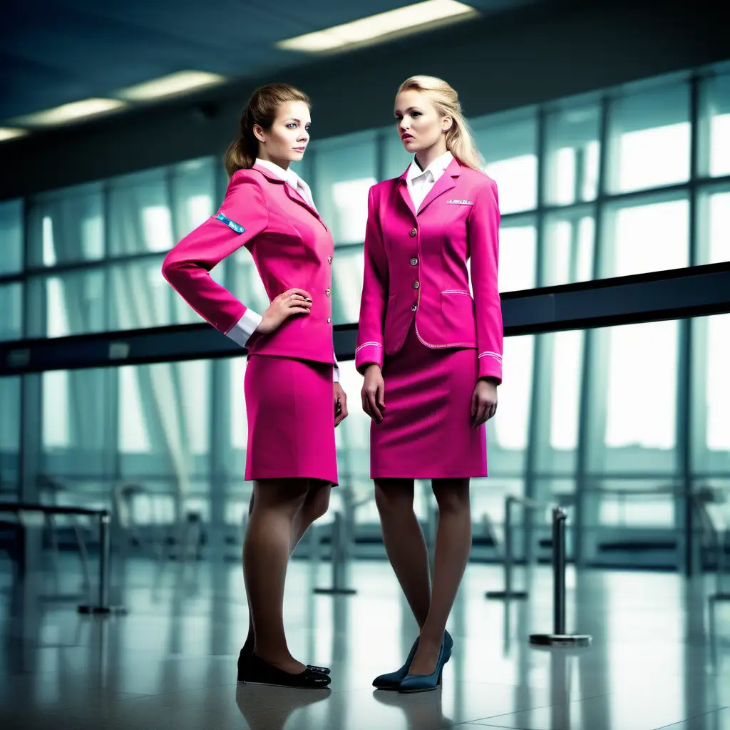/imagine prompt : An ultra-realistic full-length photograph captured with a canon 5d mark III camera, equipped with a 100mm lens at F 1.8 aperture setting, portraying two elegant 18 years Dutch women absolutely from the side, wearing modern flight attendant's bright pink uniform  showing legs [photorealistic] The background is empty white, highlighting the subject. The image, shot in high resolution and a 9:16 aspect ratio, captures the subject’s natural beauty and personality with stunning realism Soft spot light gracefully illuminates the subject’s arm, and all body is illuminated very well, casting a dreamlike glow. –ar 9:16 –v 5.2 –style raw