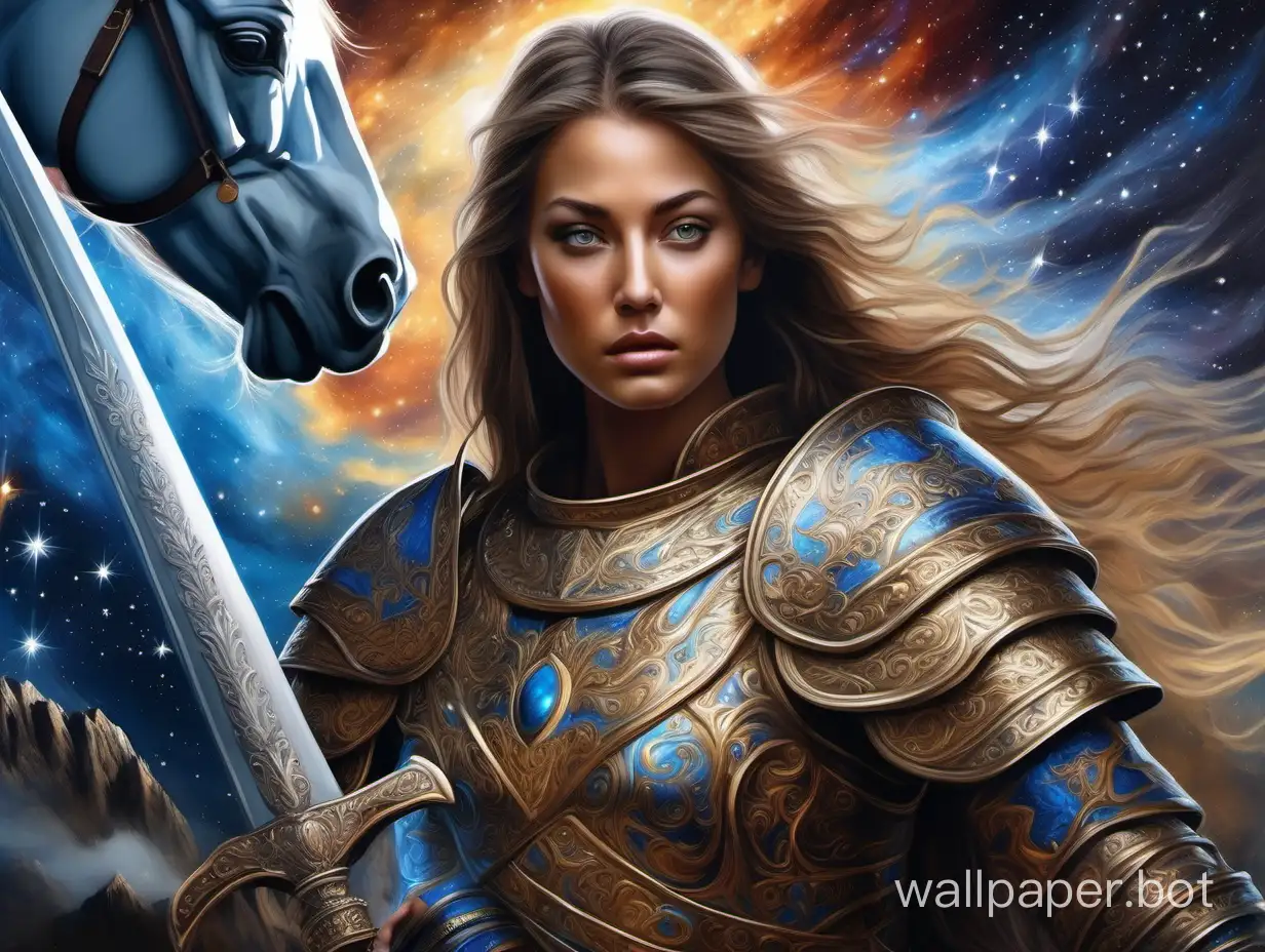 painting ultrarealistic iluminated beautiful warrior, hiding a horse, battle, peacefully face, macro camera zoomed on her face, hiperdetailed ornamental colored armor, amazing hiperdetailed sword in hands, looking to sky, religious painting style , smoth star galaxy background