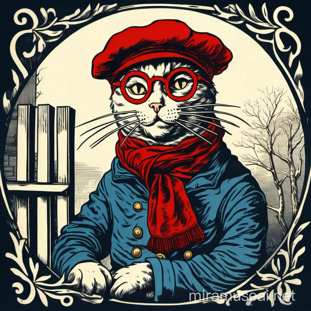 A woodcut print of a cat dressed as a painter, wearing a red beret, a scarf, and round glasses