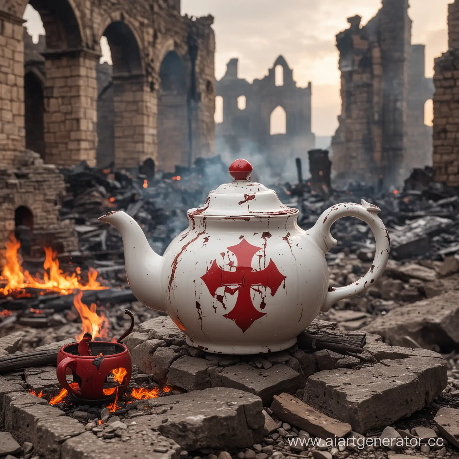 поврежденный чайник с красной тамплиерской эмблемой на фоне разрушенного замка покрытым огнем
