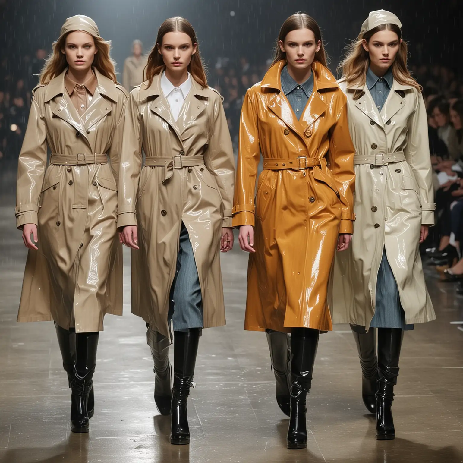 Generate  a runway fashion show  of a rain coats that are modern yet give vintage  aesthetic 