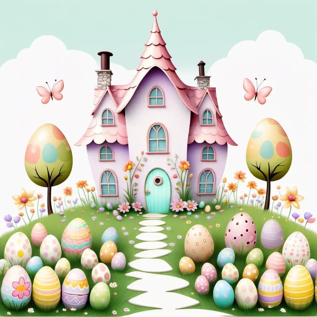 fairytale,whimsical,cartoon,easter house,spring flower field
pastel, white background