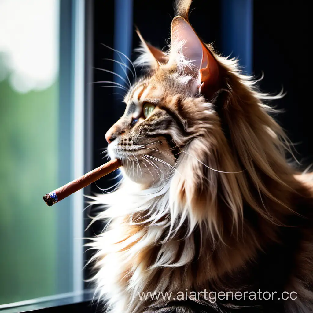 кот породы мейкун ,курящий сигару,и смотрящий в окно