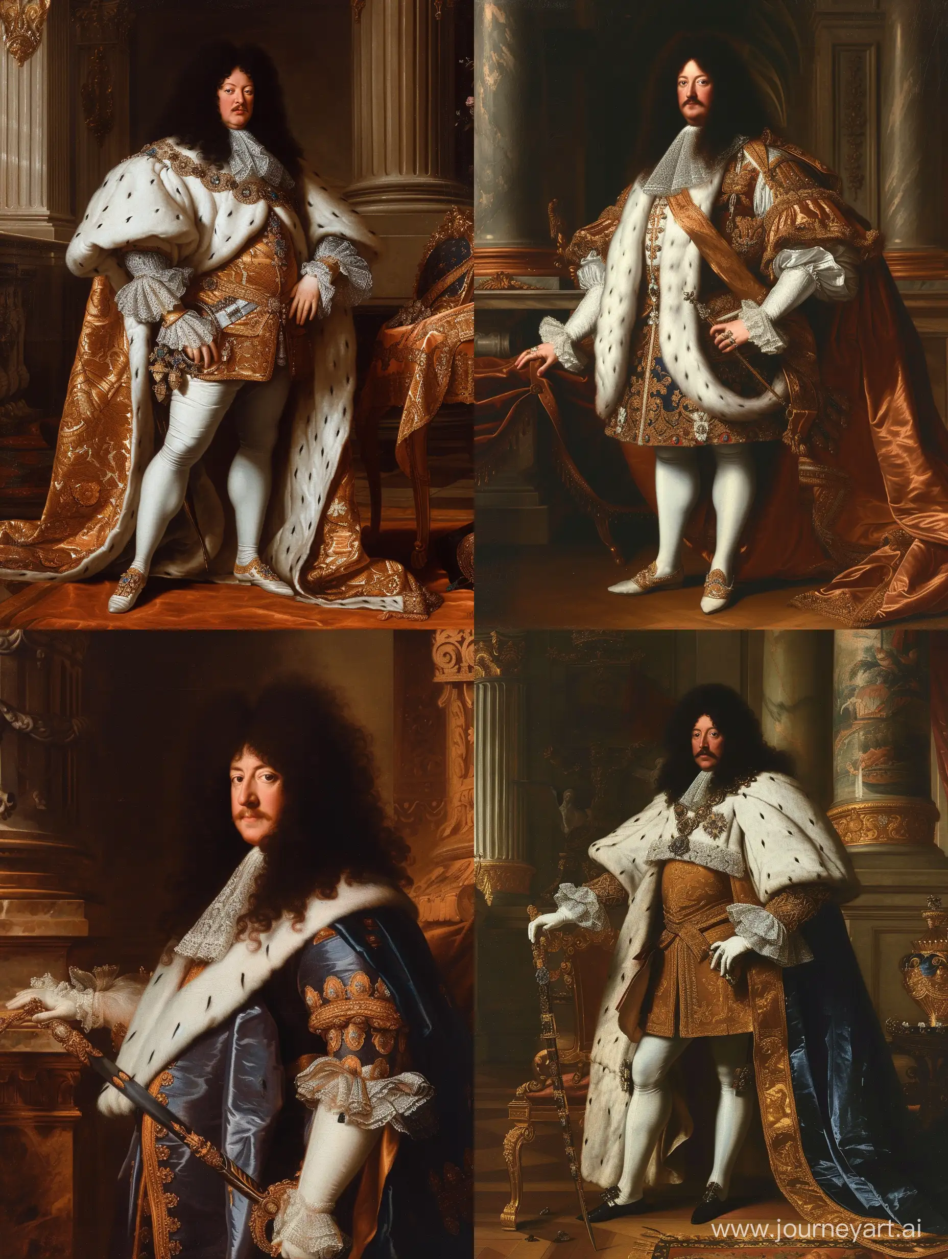 Full body portrait of King Louis XIV of France. In palace. Posing. 17th century. Wearing French king attire. Portrait style. --v 6 --ar 3:4 --no 75469