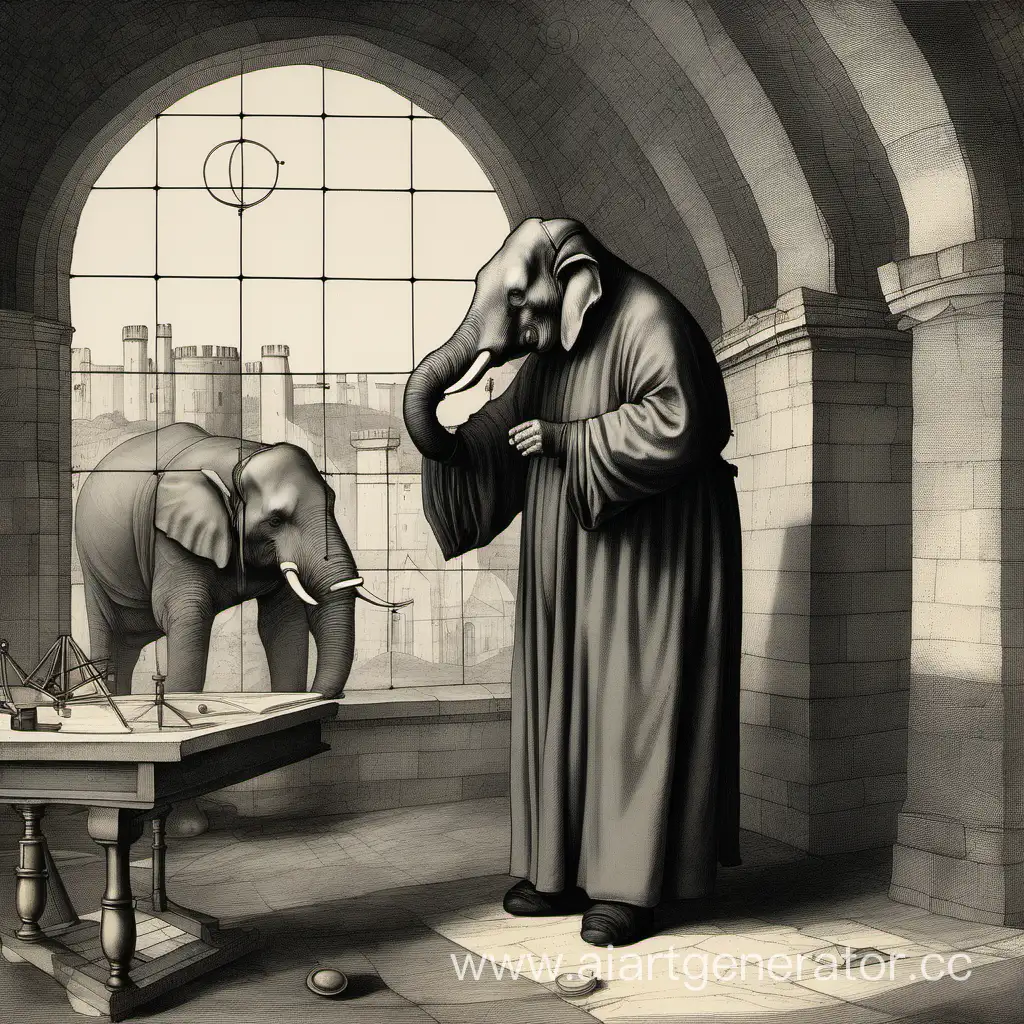 Loxodon astronomer in loose overall in middle ages observatory