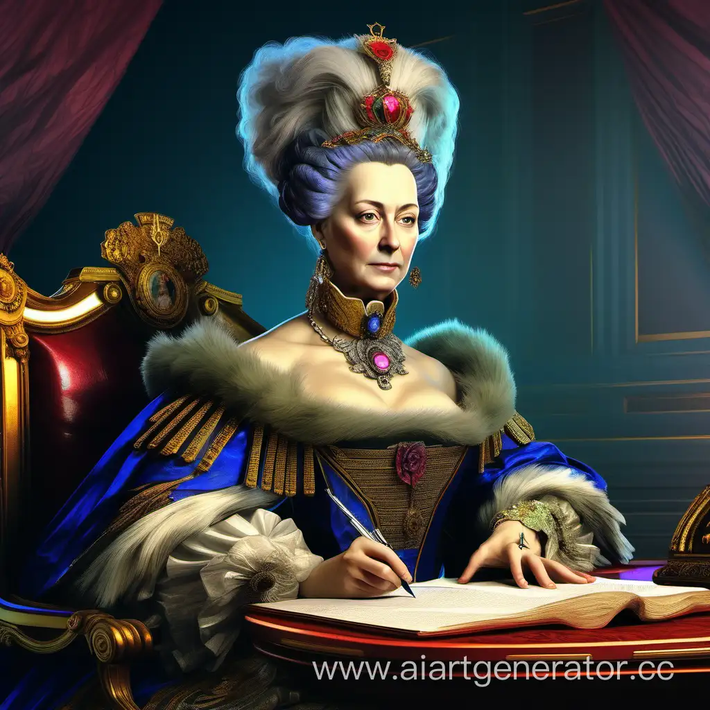 Императрица Екатерина Великая, одетая в стиле киберпанк, пишет конституцию с умным лицом.