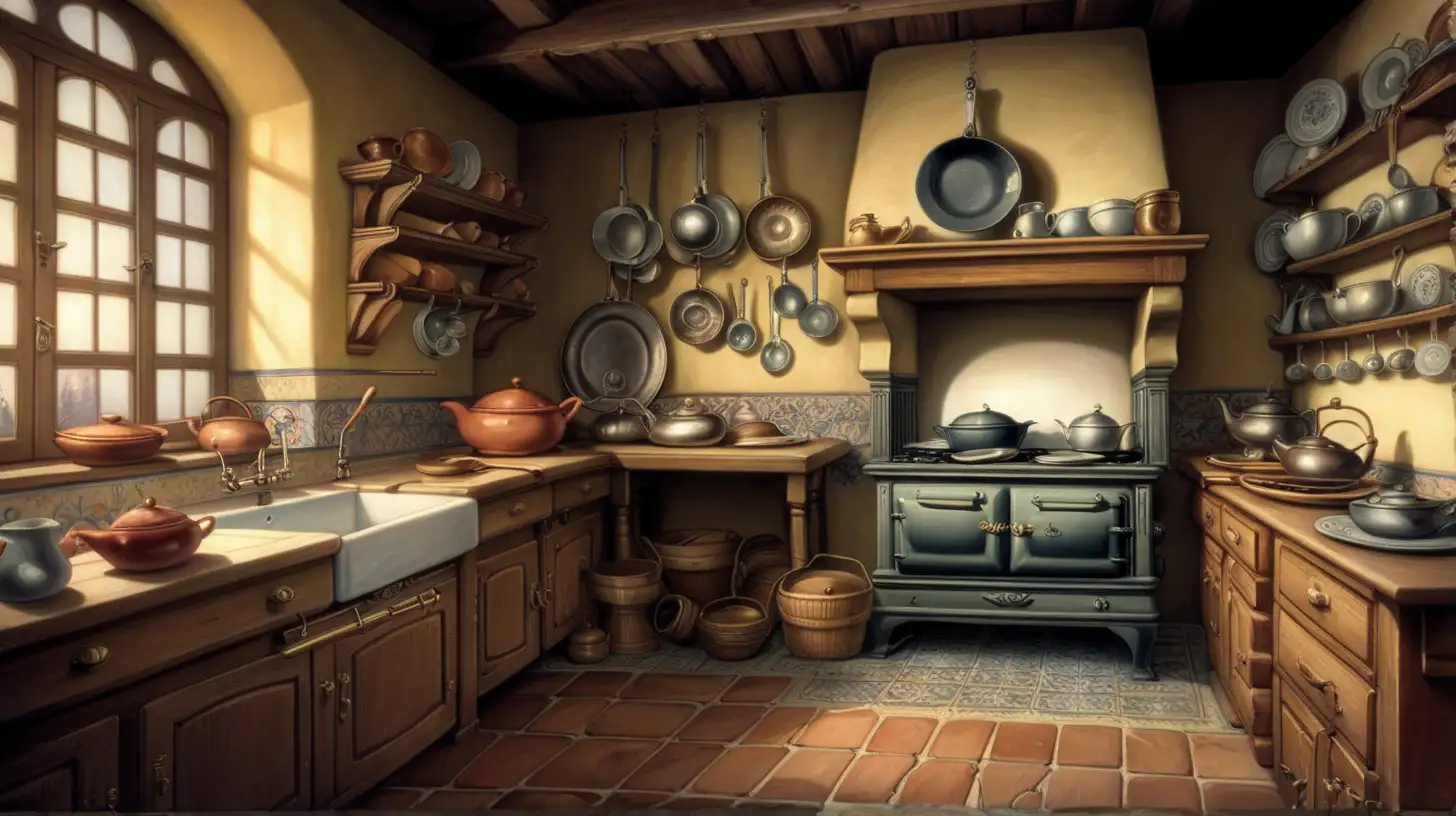 Antique Kitchen with Traditional Dishes in Prague 1800s