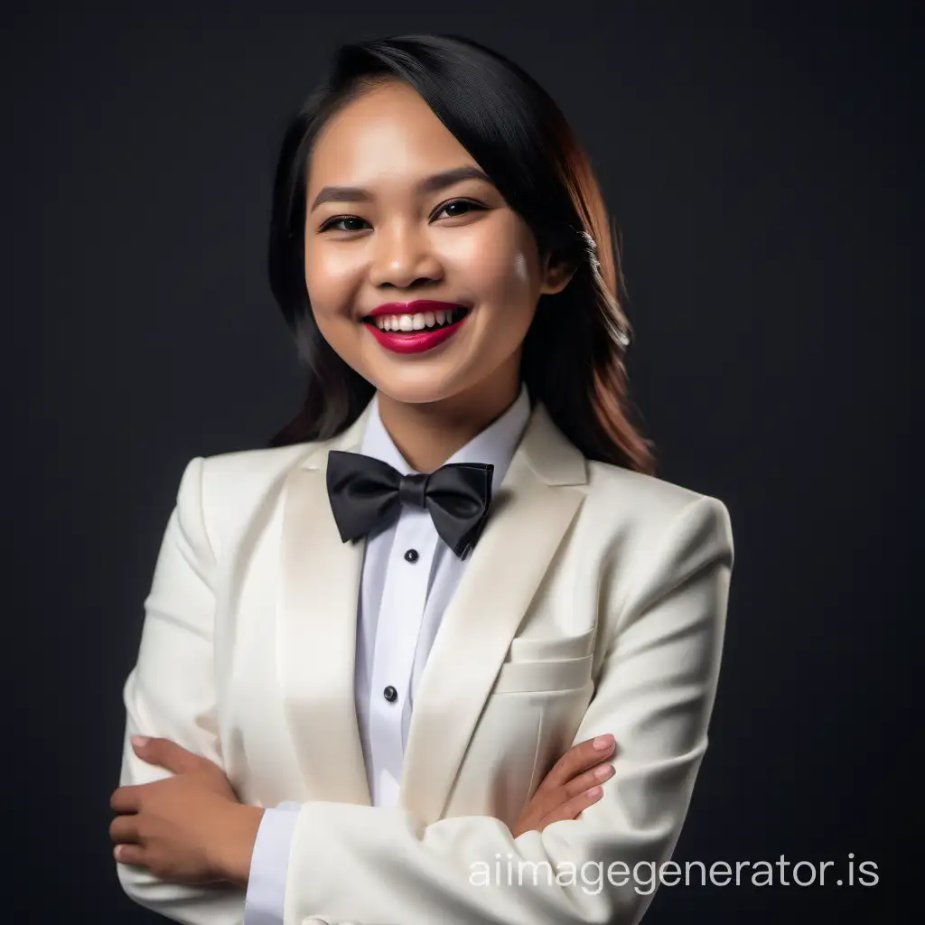 smiling and laughing filipino woman with shoulder length hair and lipstick crossing her arms, wearing an ivory tuxedo, wearing a white shirt, wearing a black bow tie