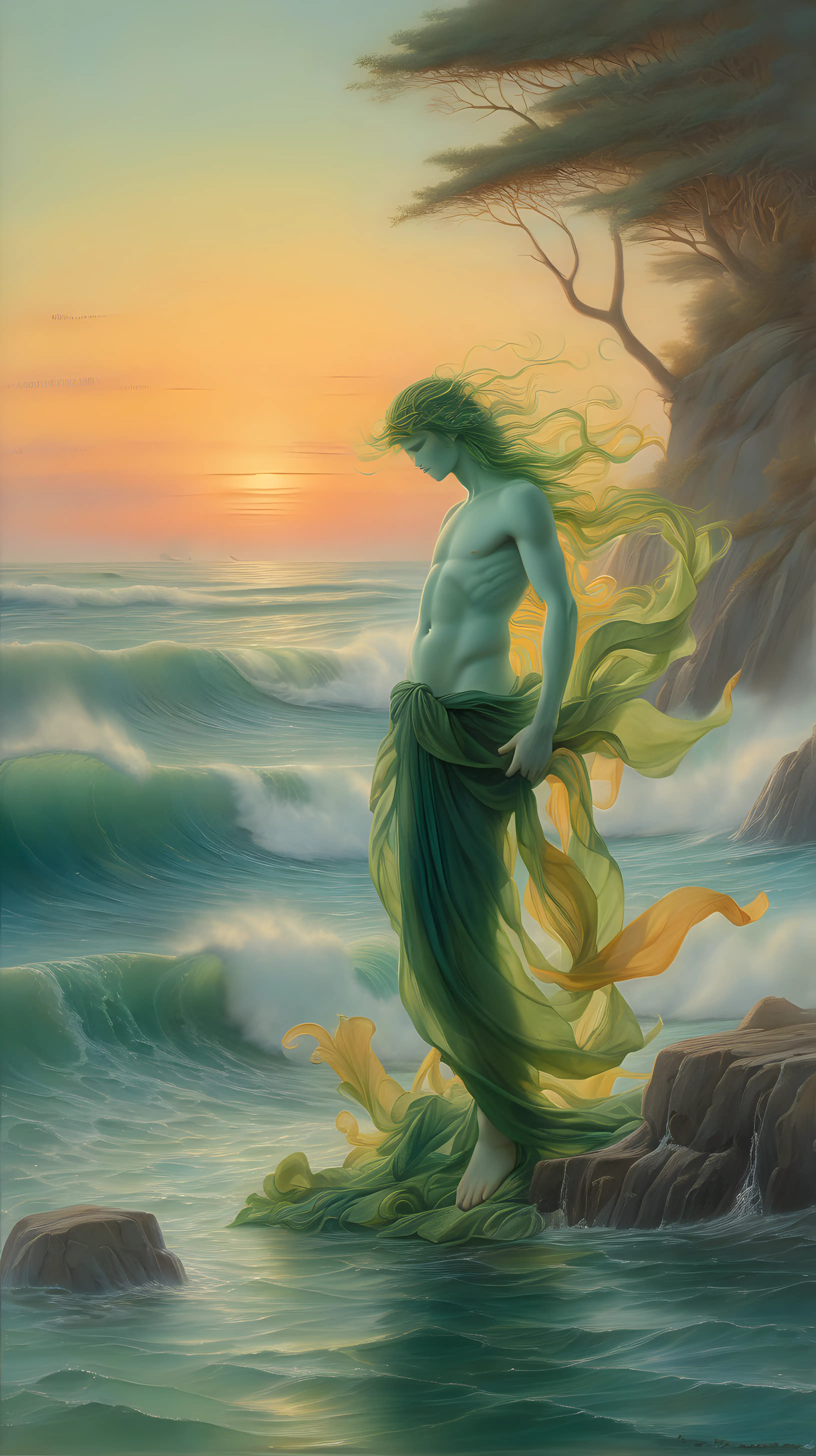 Ethereal Sea Nymph in Flowing LeafLike Garments