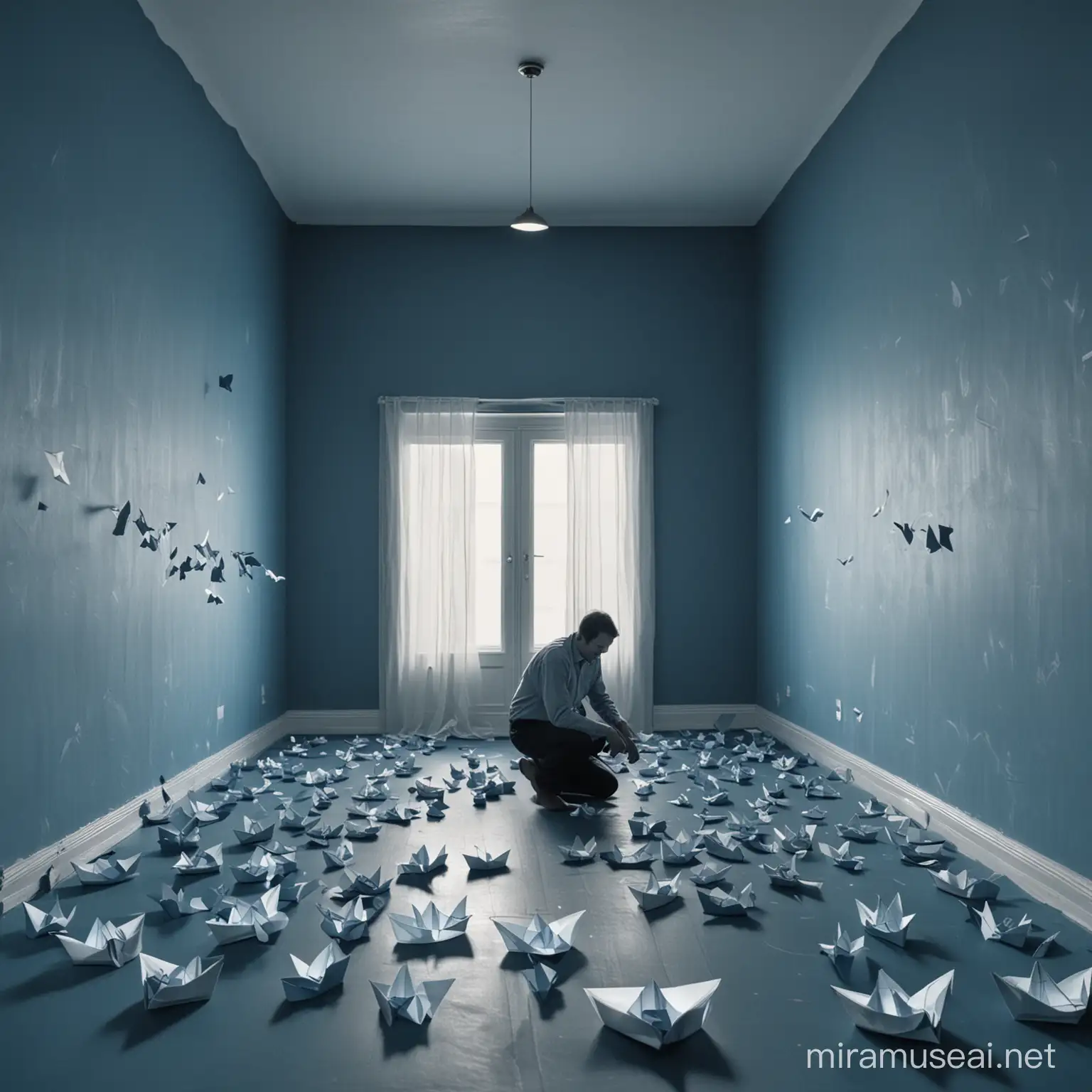 A man alone in a shadowless blue room holding a toy boat and all the paper boats on the floor.