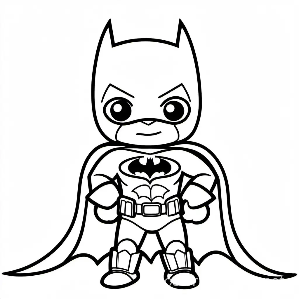 a cute batman, Coloring Page, black and white, line art, white background, Simplicity, Ample White Space. The background of the coloring page is plain white to make it easy for young children to color within the lines. The outlines of all the subjects are easy to distinguish, making it simple for kids to color without too much difficulty