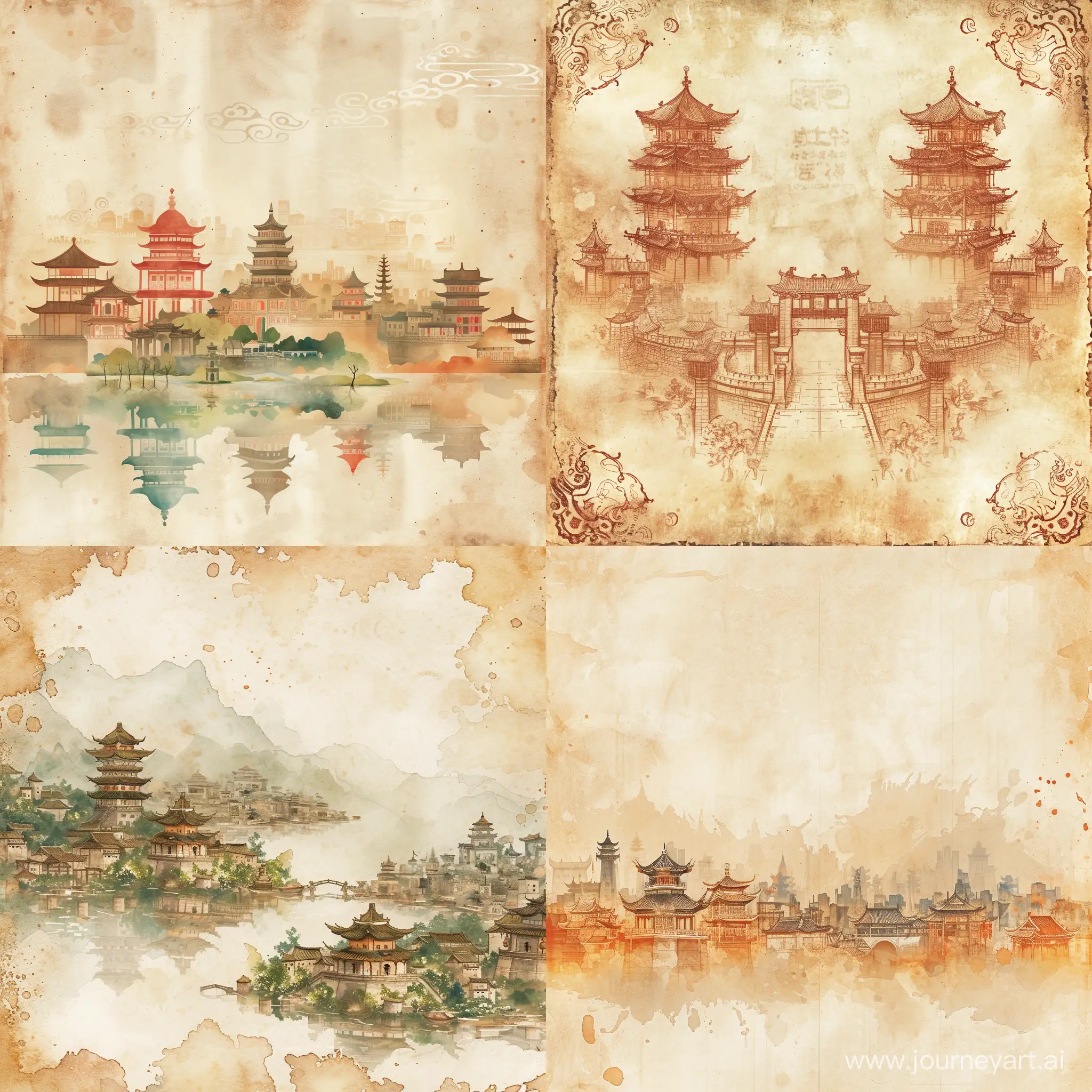 Symmetrical texture of ancient paper, barely noticeable elements of ancient Chinese cities, stylized caricature, watercolor, light colors, decorative, flat drawing