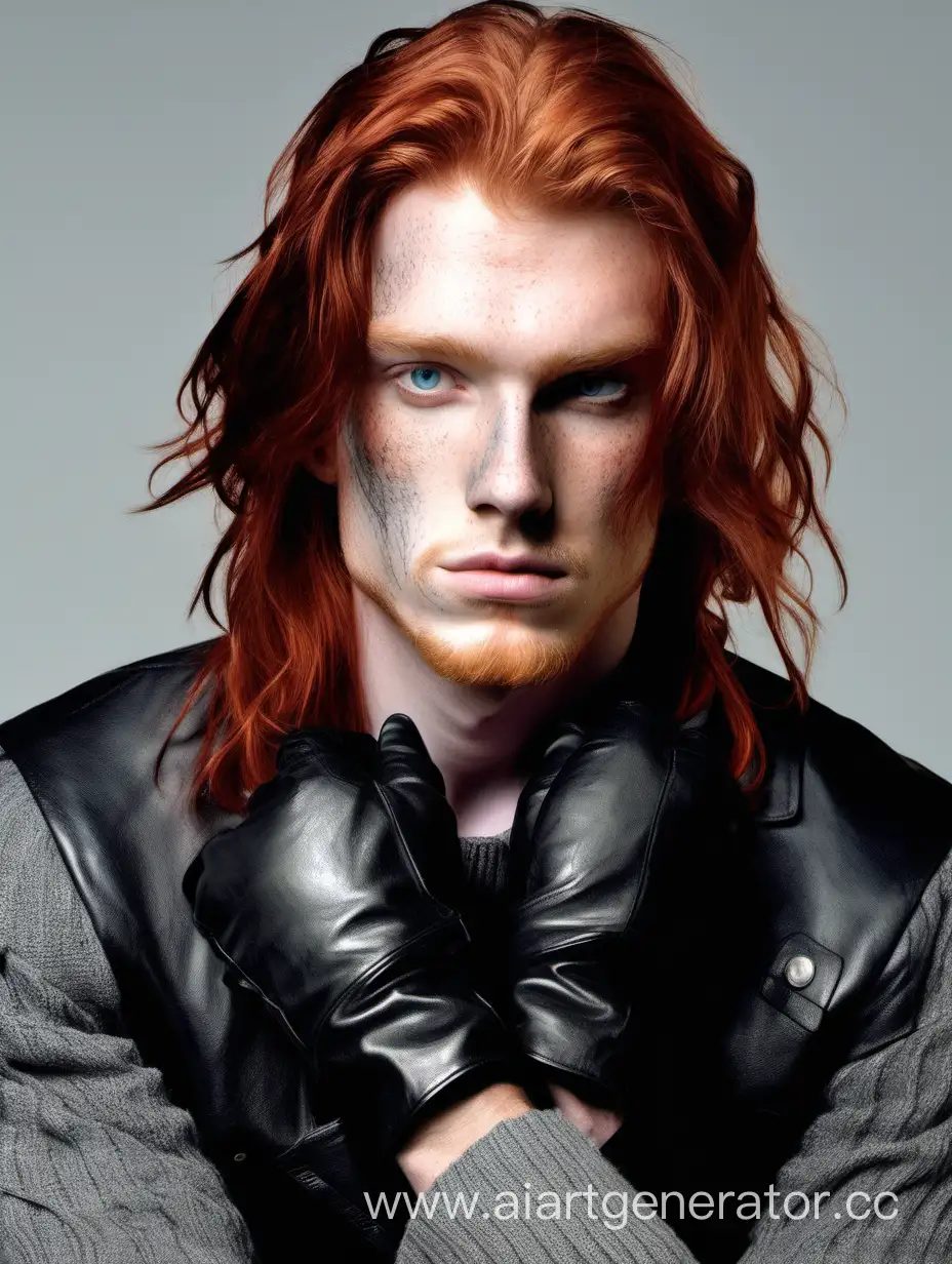 Young-Man-with-Red-Hair-and-Scars-in-Gray-Sweater-and-Leather-Gloves