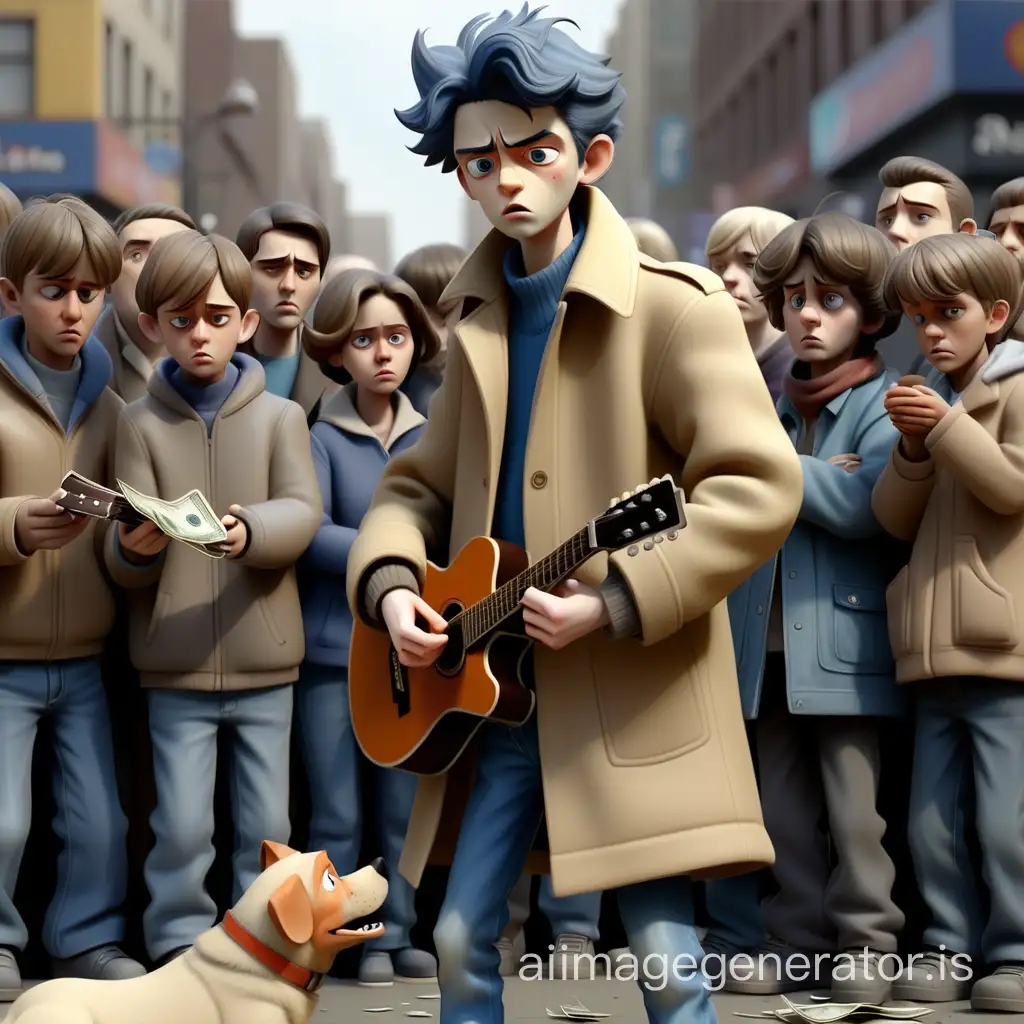 In a large metropolis, a crowd of people surrounds the scene—children, adults, and the elderly. In the center of the crowd stands a young man of short stature, dressed in a beige coat and blue jeans, with dark disheveled hair and a sad expression on his face. In his hands, he holds a guitar, and next to him is a Spitz dog. People applaud and throw money into a small box at the young man's feet. The police stand nearby.