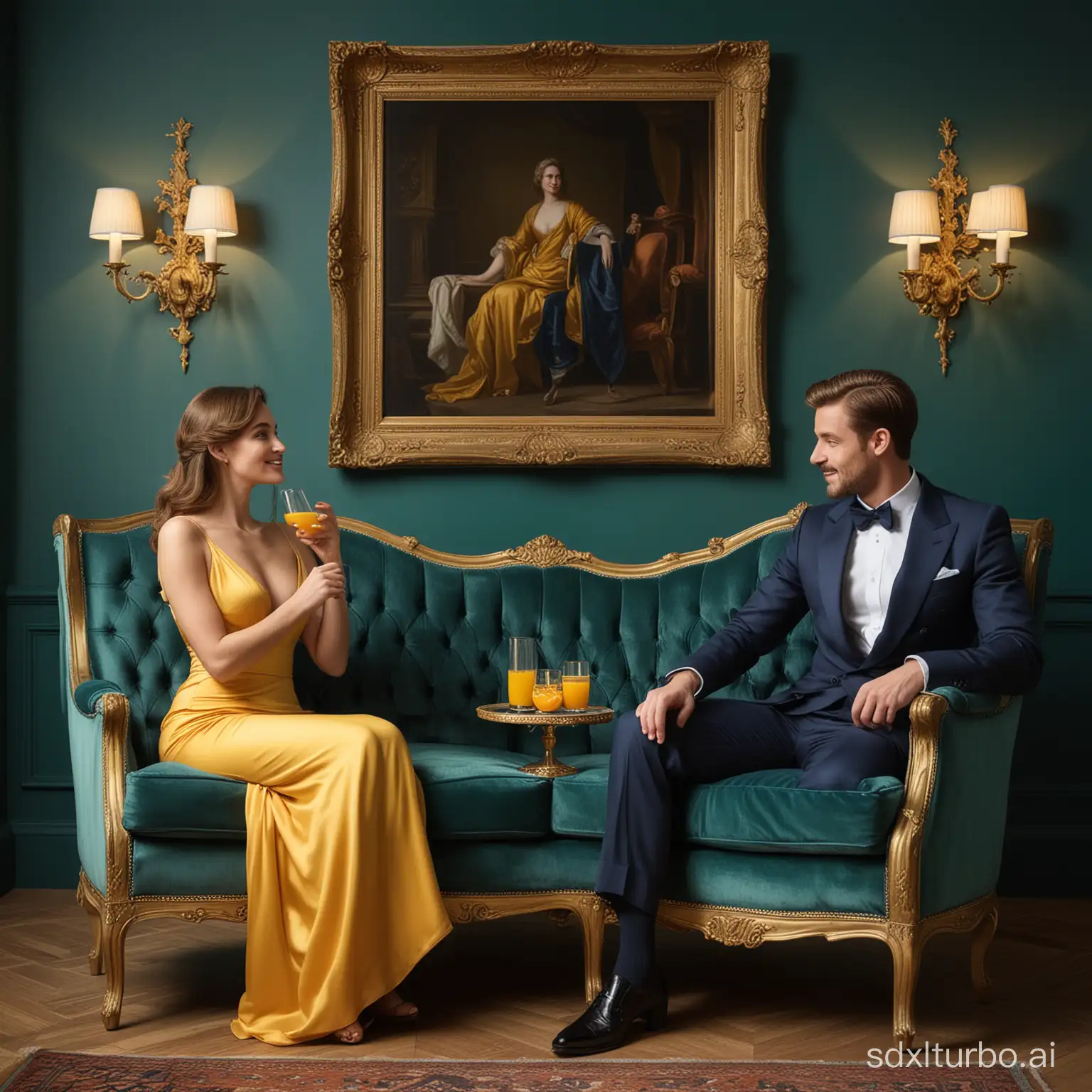 Create an image depicting an intimate scene in an elegant blue room in the corner of the room, with 2 people, where on the left sits a man in a navy blue suit and on the right a woman in a golden yellow dress. Each is holding a glass of orange juice, their expressions reflecting shared laughter and warmth. Both are seated on emerald-green upholstered armchairs. Make sure that the clothes, posture and expressions of the figures accurately convey elegance and joviality. Emphasize the opulence of the chairs and the room's regal ambience.