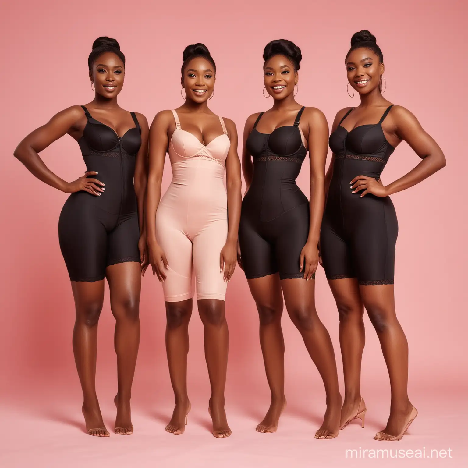 a full body photo of four light complexion nigerian models excitedly dressed in different black coloured faja body shapers on a pink background