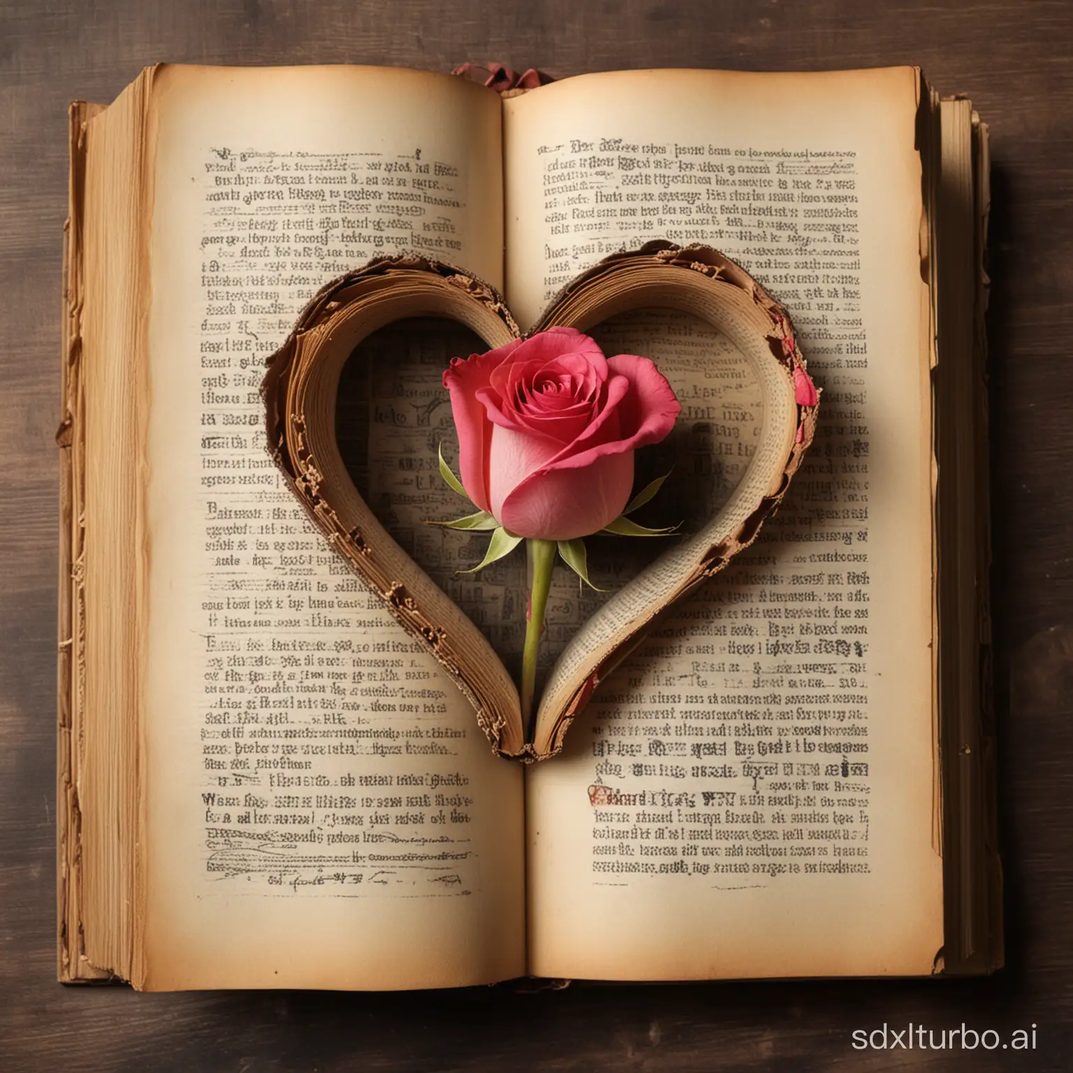 An old book open WITH A PRECIOUS ROSE in the center and with a heart full of love ink of colors