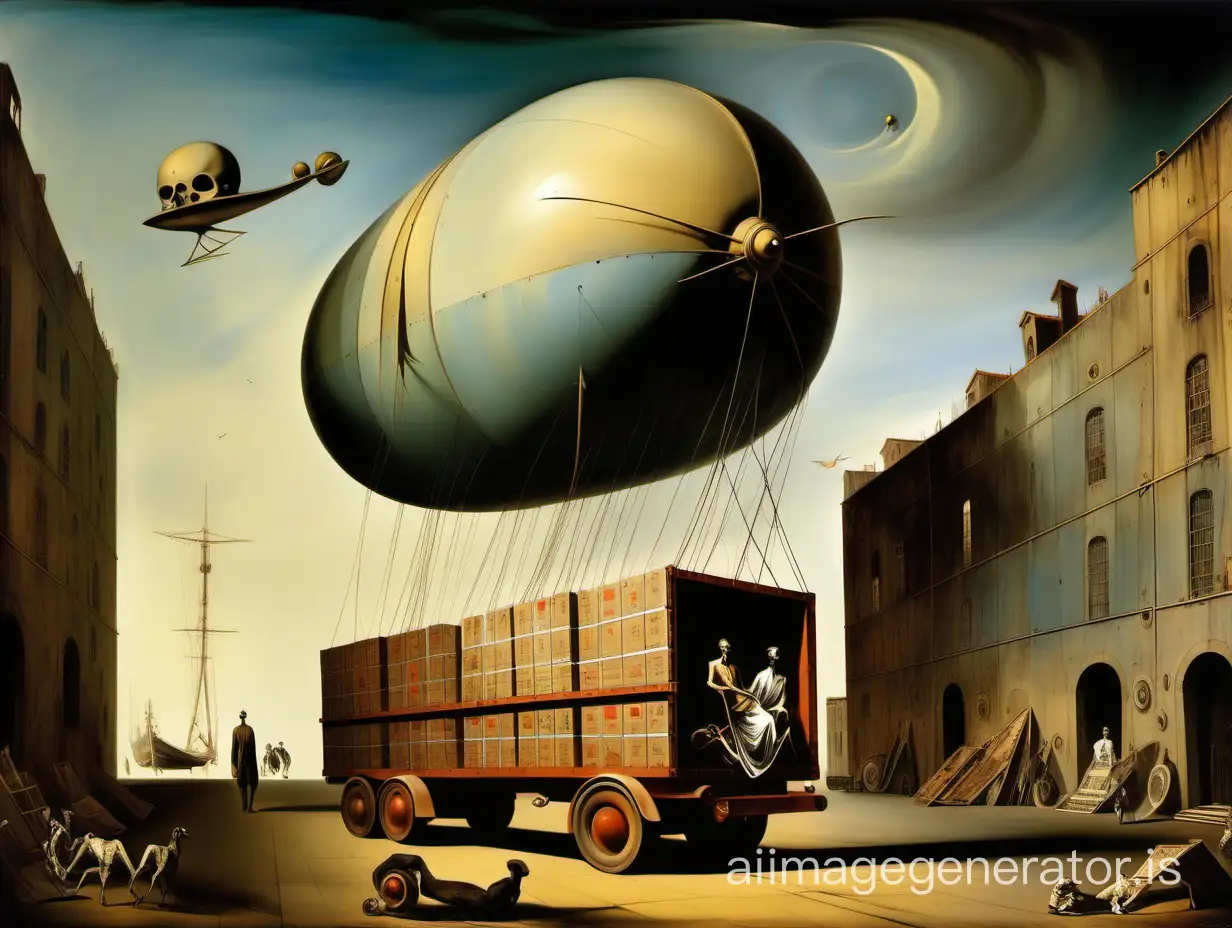transportation of cargo in a warehouse in a schizophrenic - surreal manner and the style of Salvador Dali