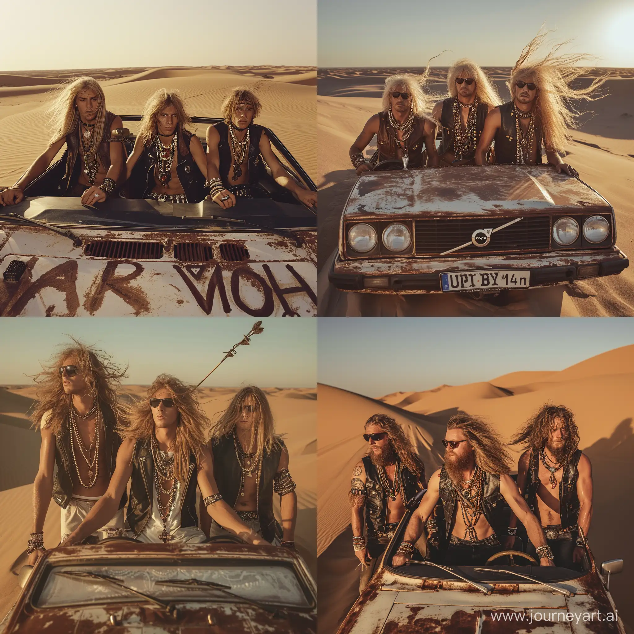 A photograph of three white hippies with long, unkempt hair, wearing leather vests and beaded jewelry, looking rugged, navigating a rusty Volvo 144 through Sahara dunes at dawn. Early morning light, long shadows, untouched sand. Created Using: rugged look, early dawn lighting, rustic car appearance, untouched sand dunes, shadow play, earthy tones, natural desert beauty, vintage feel 