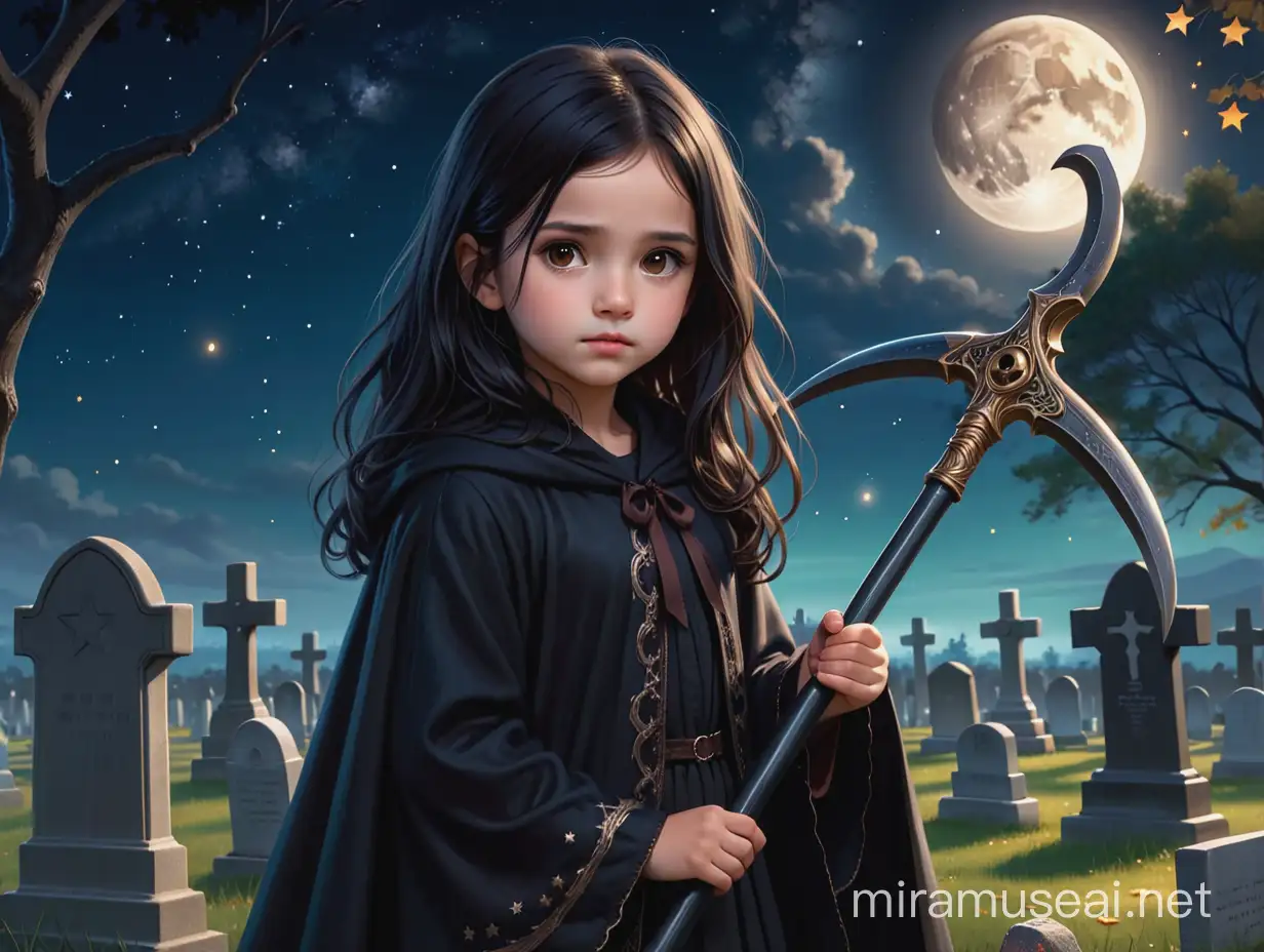 Malá asi 10 let stará holčička má dlouhé černé vlasy a hnědé oči. má na sobě pouze černý plášť a drží v ruce kosu. je v noci na hřbitově a tváří se vážně. na nebi jsou nádherné hvězdy. je krásná.