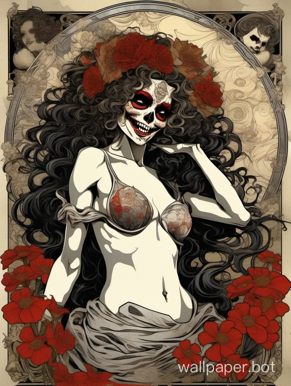sexy gorgeous curly odalisque, masterpiece sexy laugh skull face, asymmetrical, open arms, Alphonse Mucha poster, explosive wild flowers hyperdripping paint, comic book, high textured paper, hyperdetailed lineart, dark water, red, black, gray, burned borders