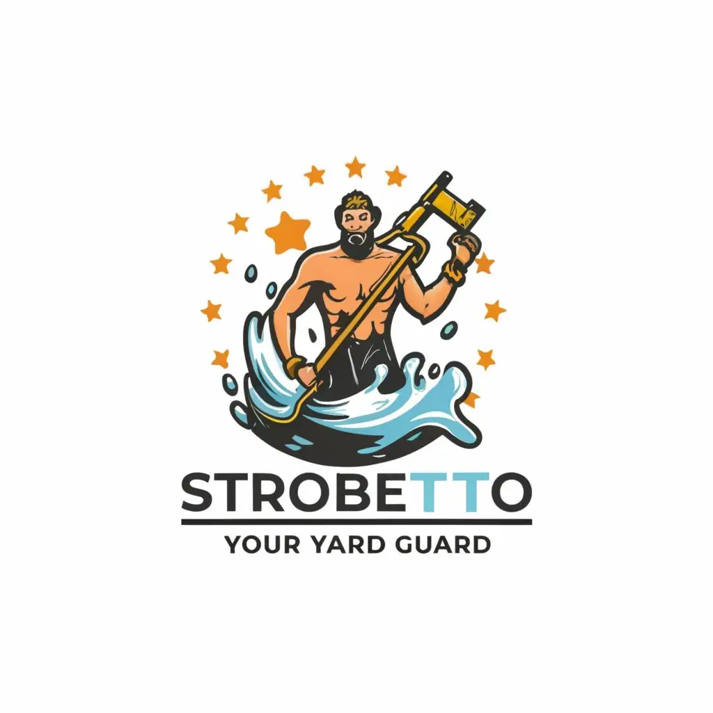 a logo design, with the text 'Strobeto Your Yard Guard', main symbol: pressure washer gun carried by 4 star crowed greek merman god rides sea wave, Minimalistic, clear background