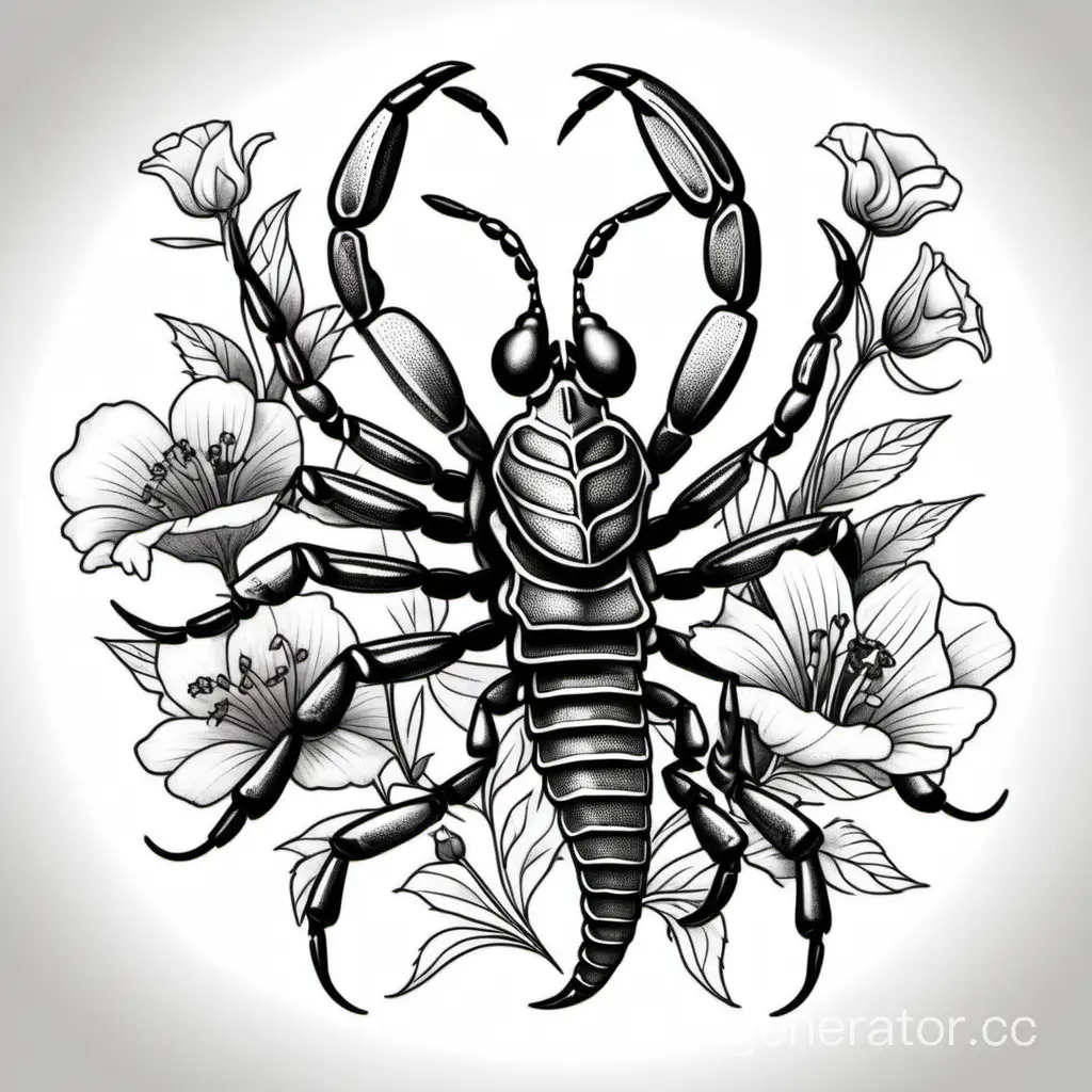 насекомое скорпион в три четверти с цветами тату эскиз
