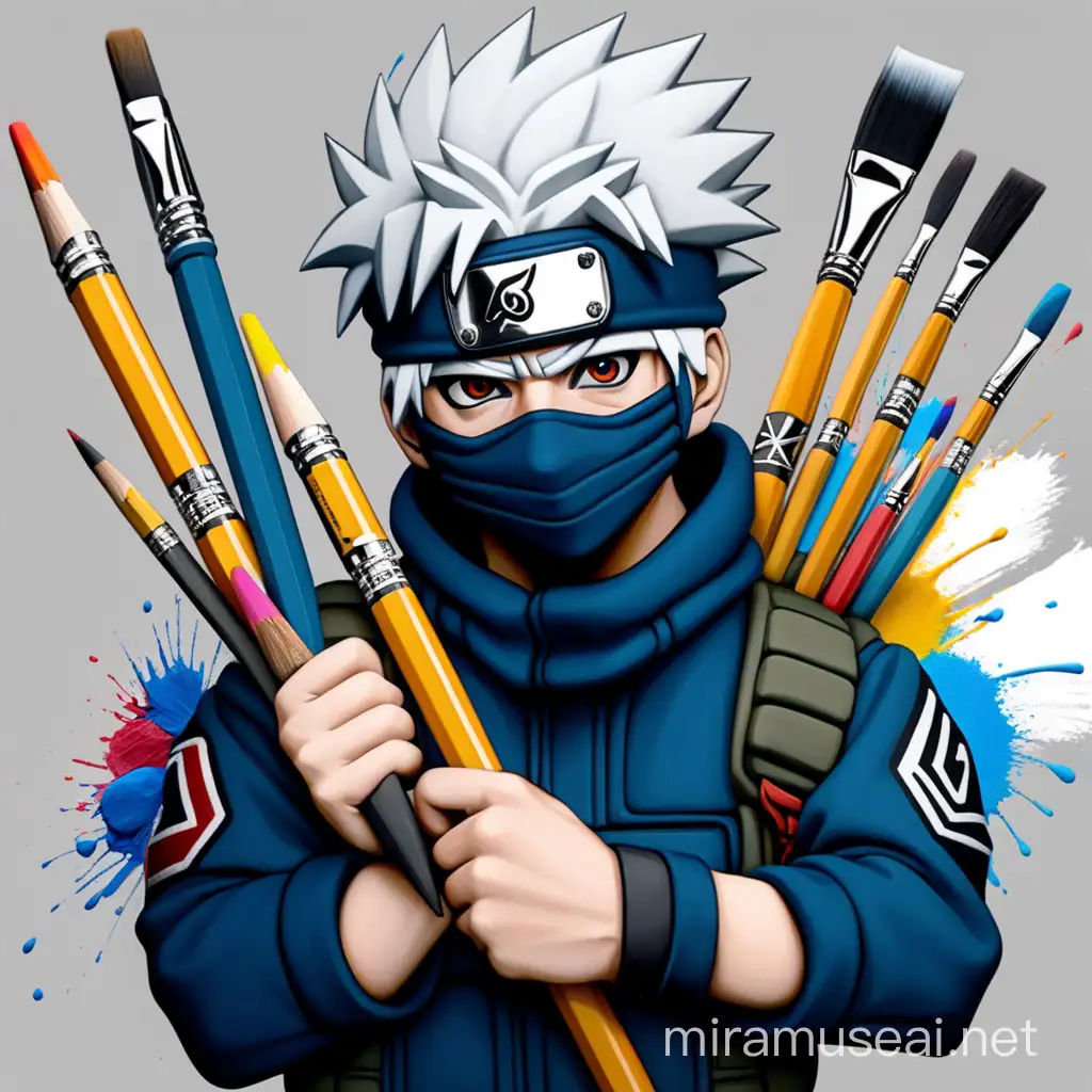 Kakashi hatake masked and holding pencils and pain brushes, make it as a youtube channel logo