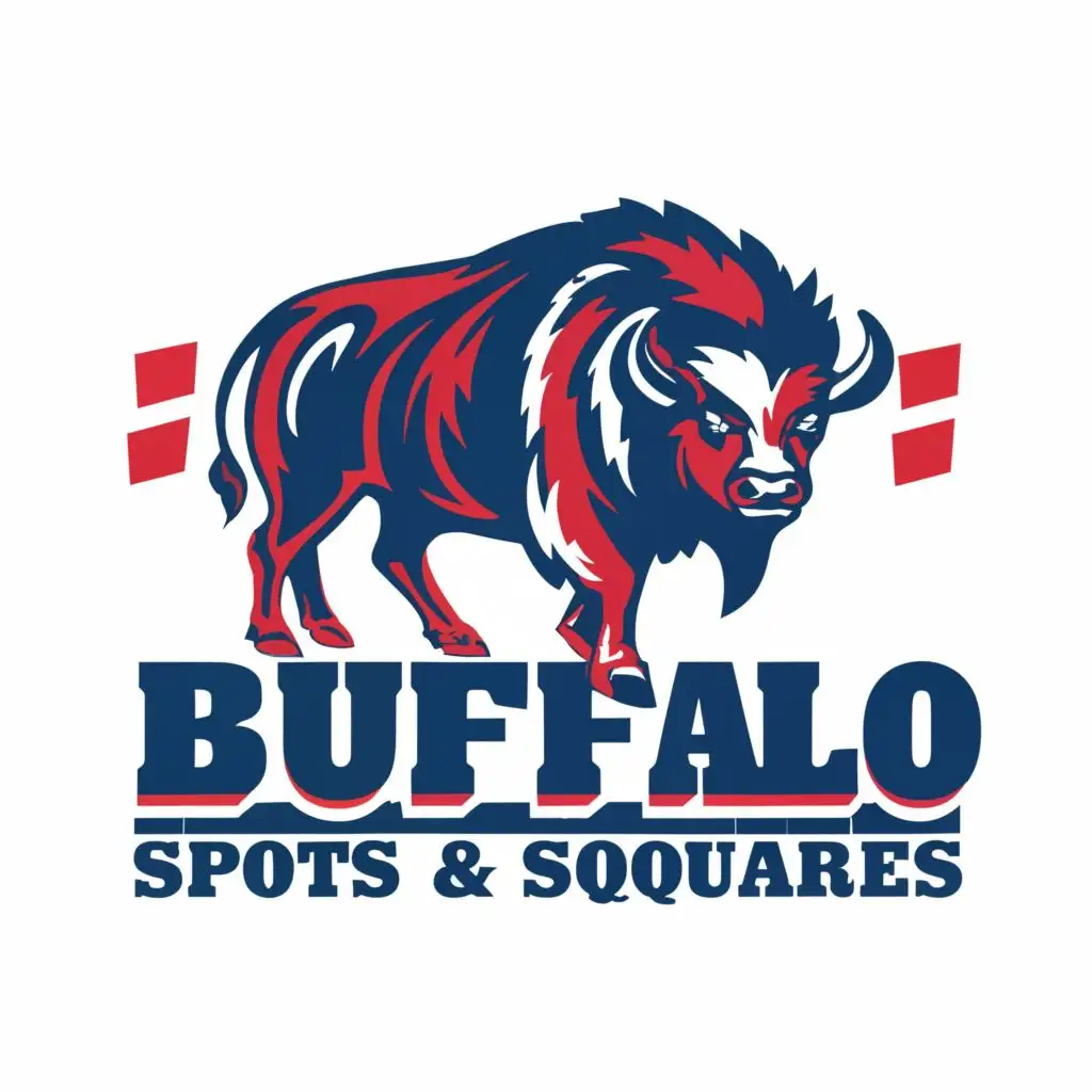 logo, Bold Blue and Red angry buffalo, with the text "Buffalo Spots & Squares", typography