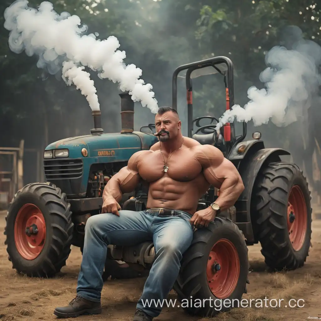 Muscular-Bodybuilder-Relaxing-with-a-Smoky-Hookah-on-a-Tractor