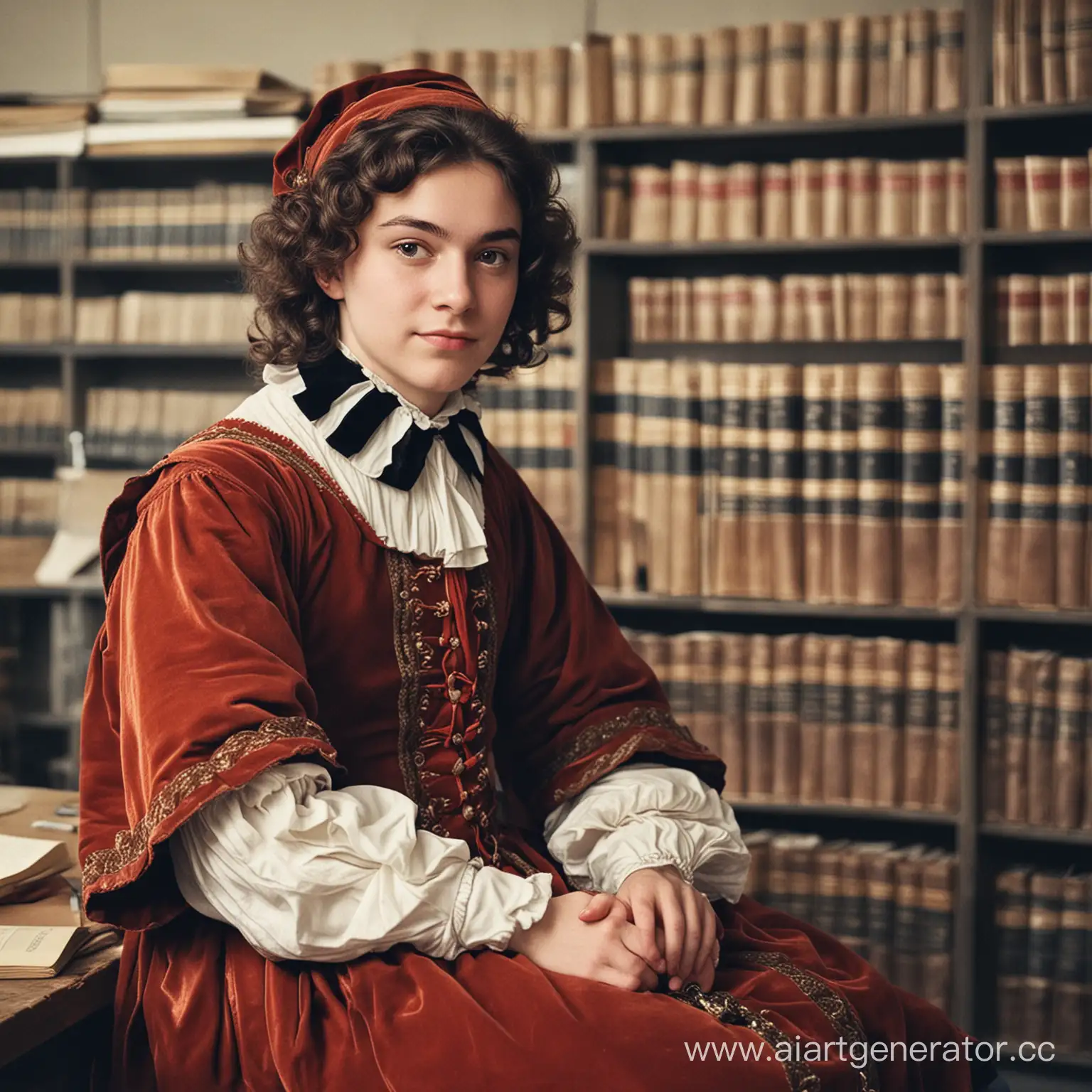 Студент историко-географического факультета сидит в архиве в европейском костюме 17 века
