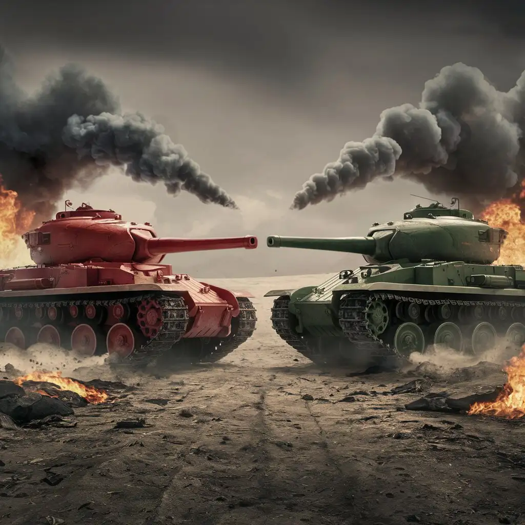 Красный и зеленый танк едут по полю друг на друга, готовые столкнуться. Они враги друг другу. Вокруг больше никого нету. Вокруг огромный пожар. Из дул танков идет огонь.