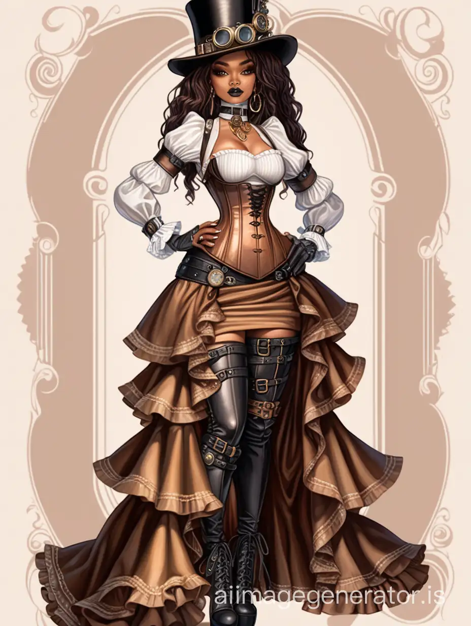 vecto art illustration of cute steampunk african american woman long haired Gothic Choker Overbust Corset High Waist Lace up Ruffled Fishtail Bandage Skirt Top Hat