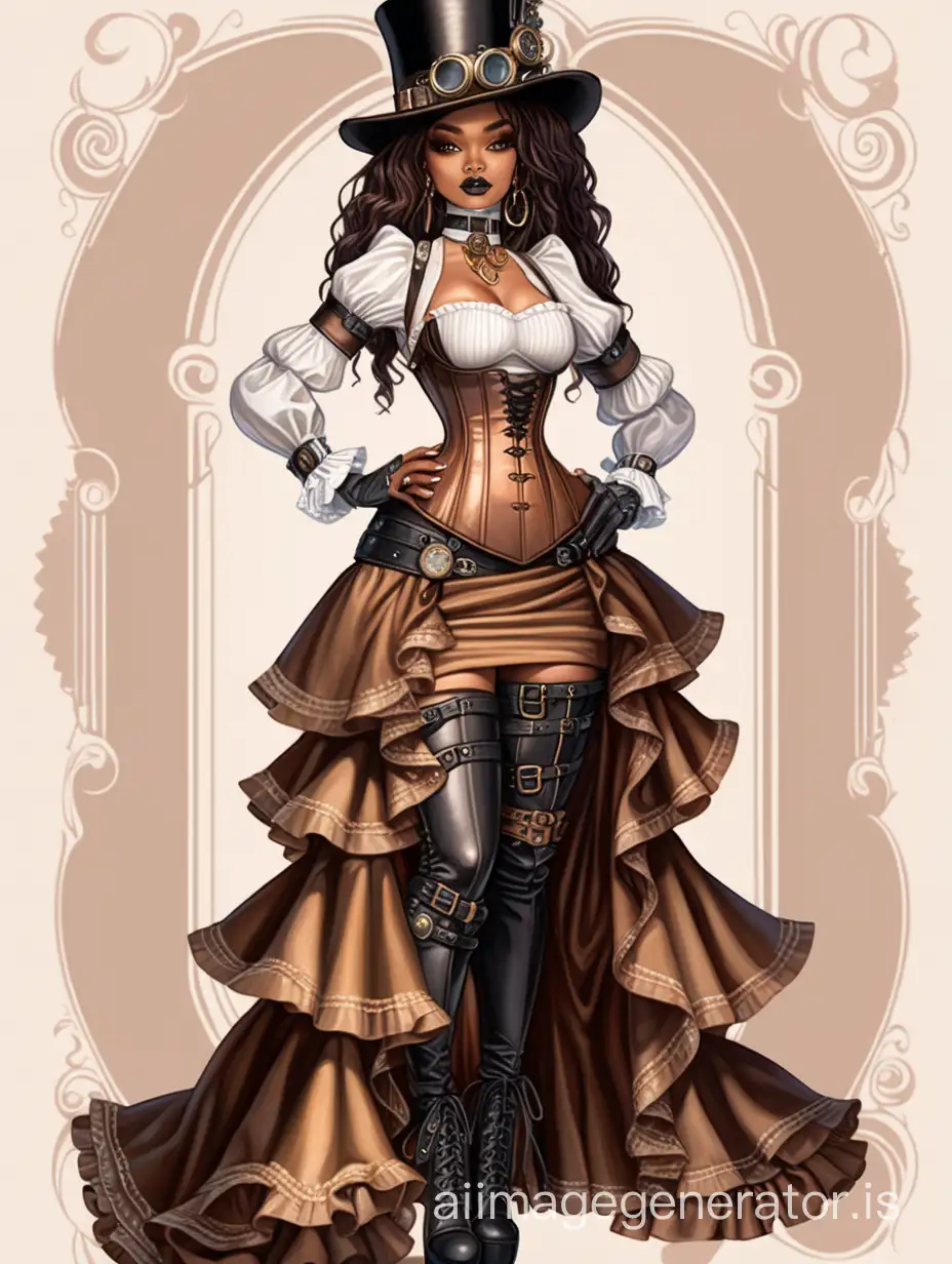 vecto art illustration of cute steampunk african american woman long haired Gothic Choker Overbust Corset High Waist Lace up Ruffled Fishtail Bandage Skirt Top Hat  