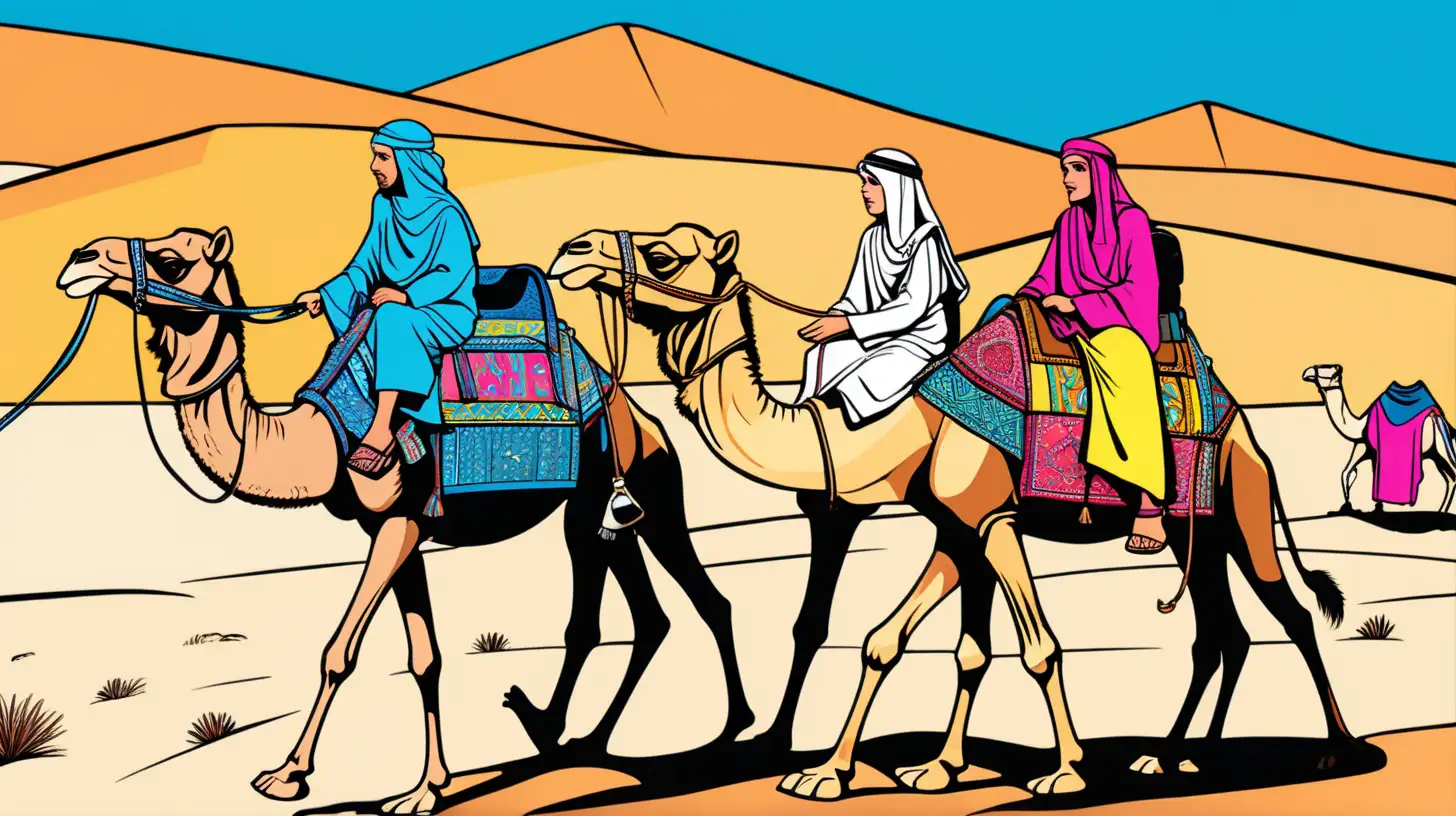 Ancient Arabian Nomads Riding Camels Through Night Desert in Pop Art Style