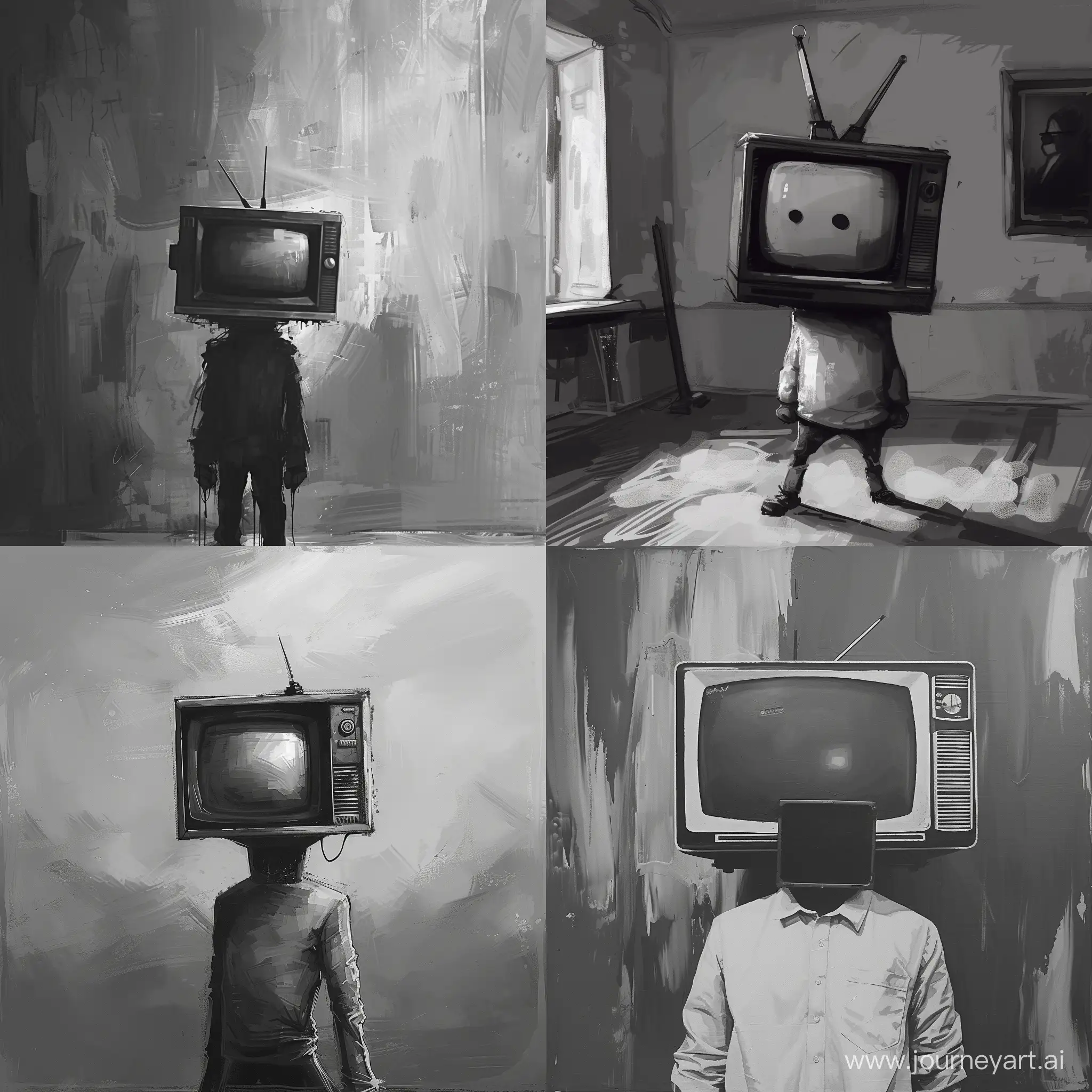 Monochrome-Background-with-Painted-Character-and-TV-Head