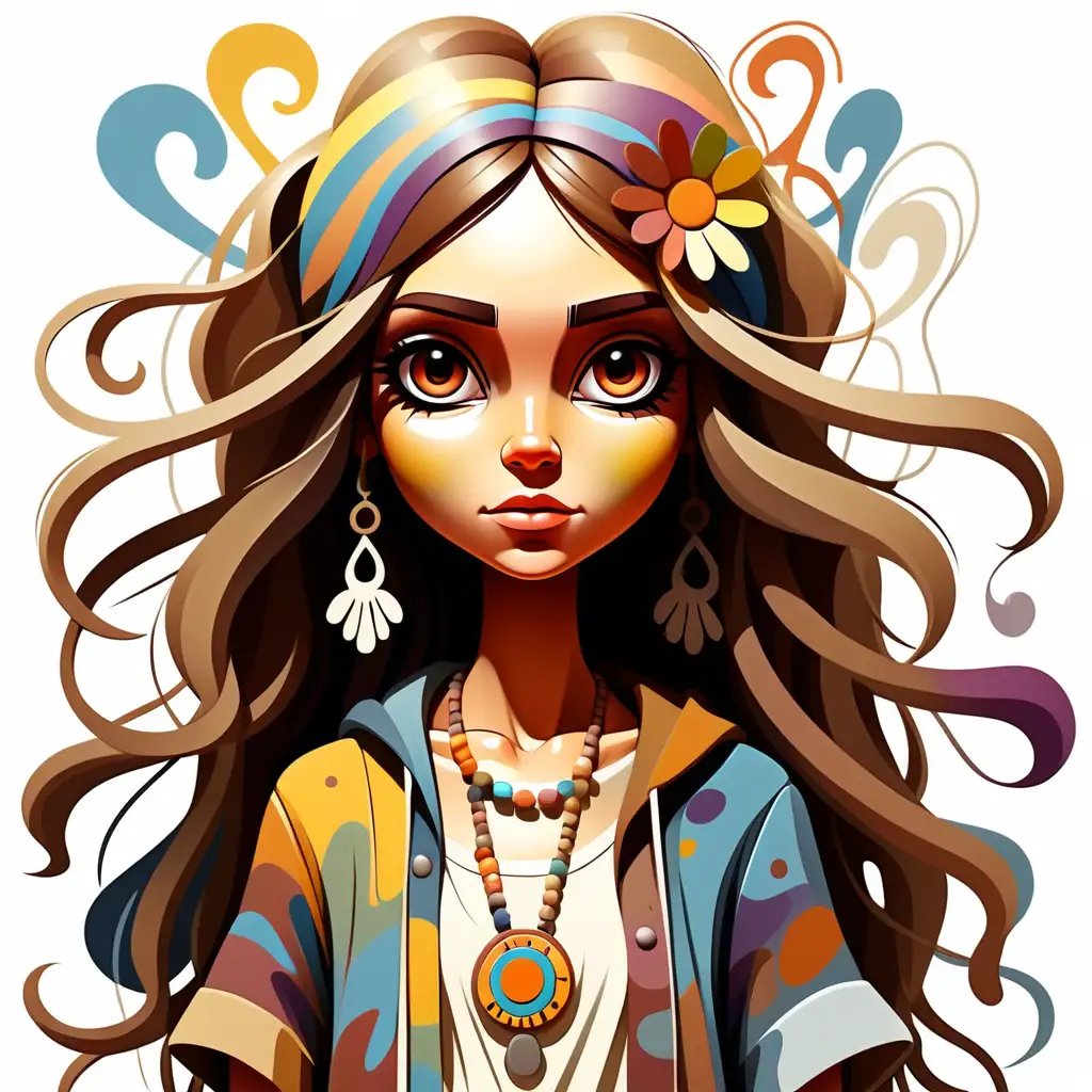 create an abstract painting of girl hippie ,full body cartoon style, white background, masterpiece,