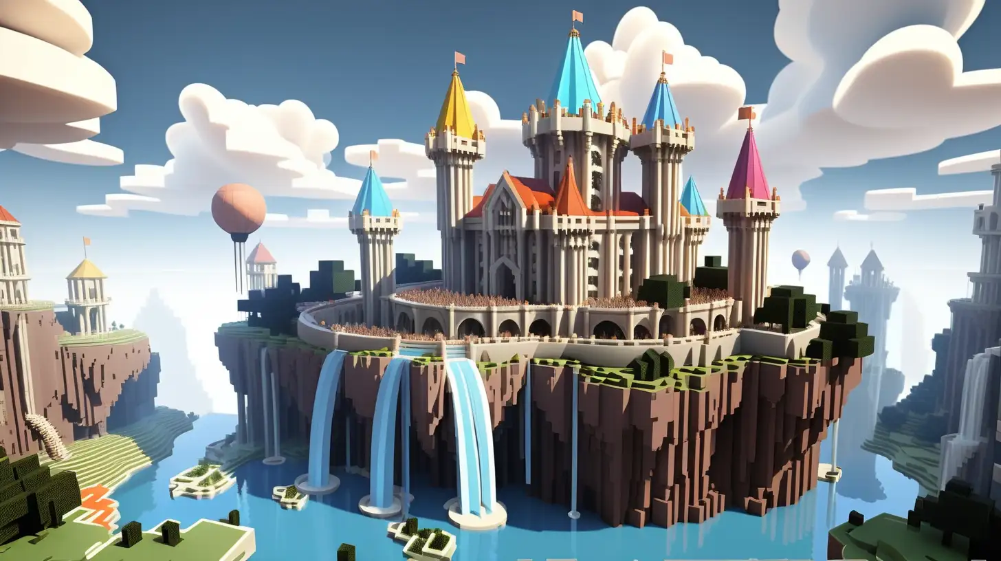 A minecraft style floating castle high in the sky, it is on a floating island with waterfalls going over the edge. It is a beautiful and elegant castle of light stone with circular towers and spires with colorful roof.