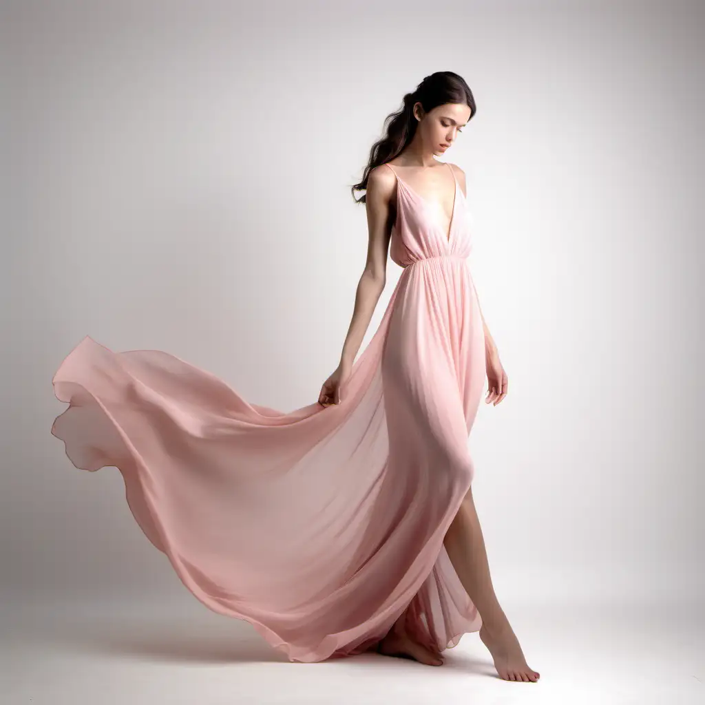 Elegant Woman in Flowing Pastel Pink Dress Graceful Pose on White Background