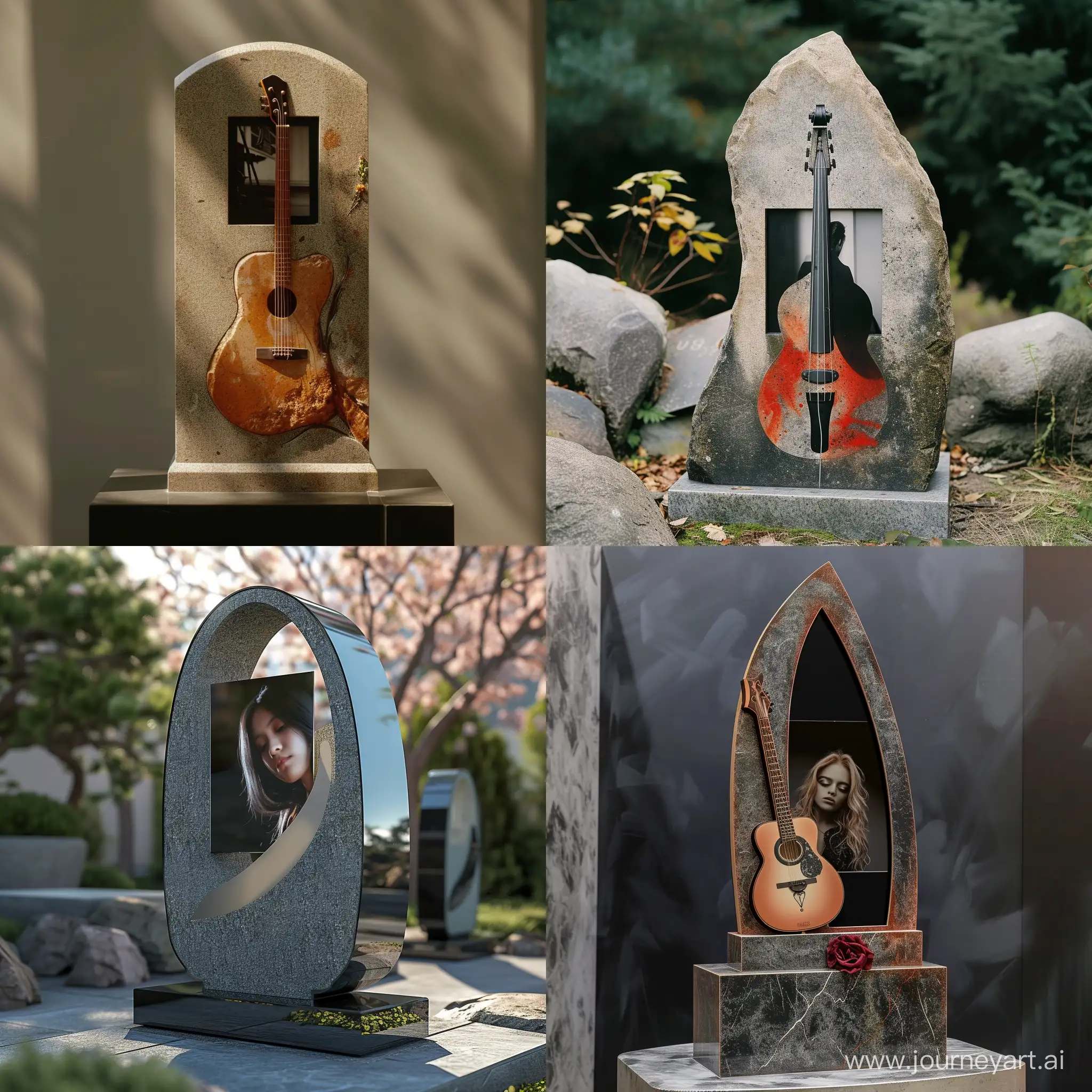 A modern tombstone with a color photograph, for a female musician